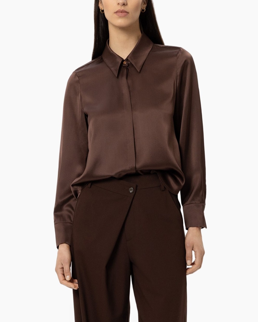 silk blouse, brown, long sleeves, collared, buttoned