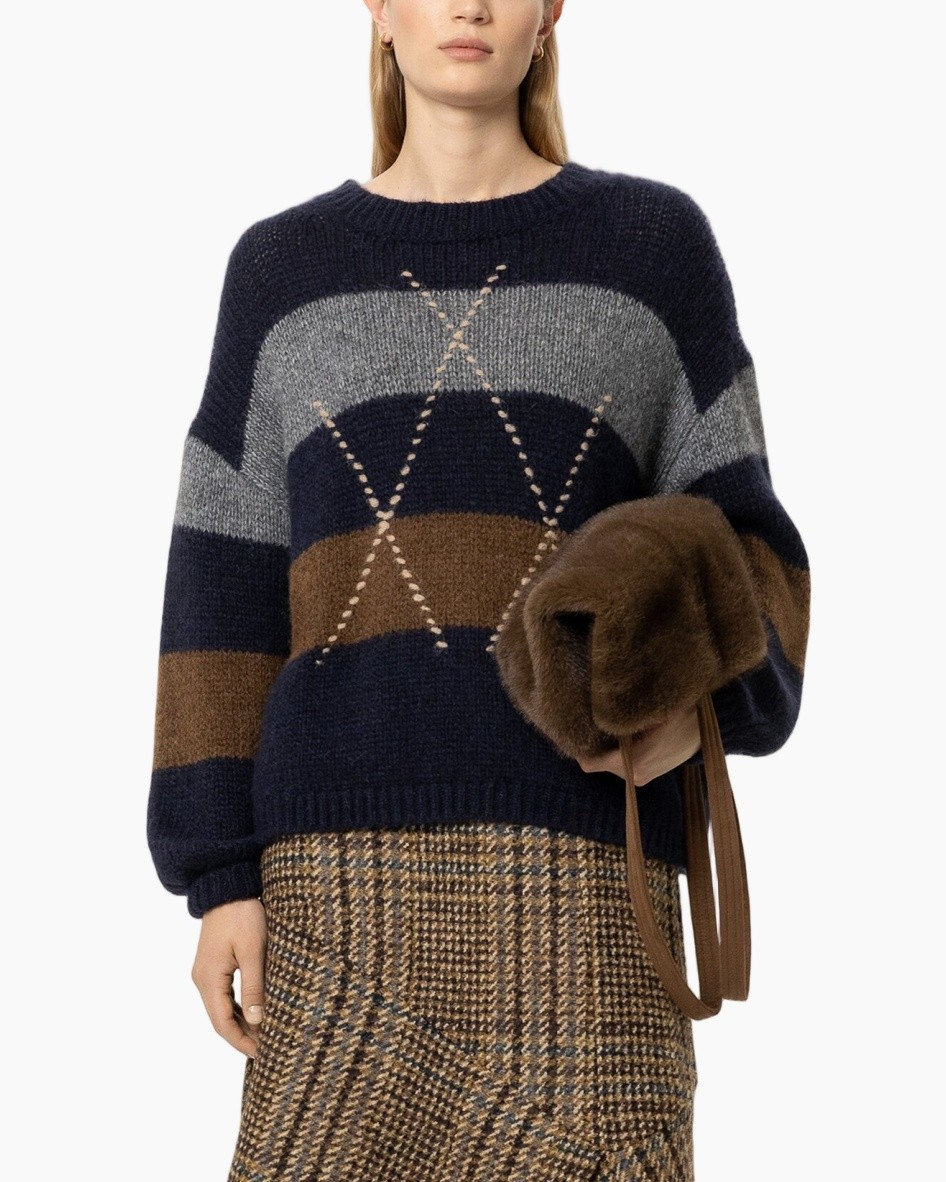 knit sweater, geometric pattern, argyle design, navy blue, brown color, oversized fit, mock neck, long sleeve, textured knit, plaid skirt