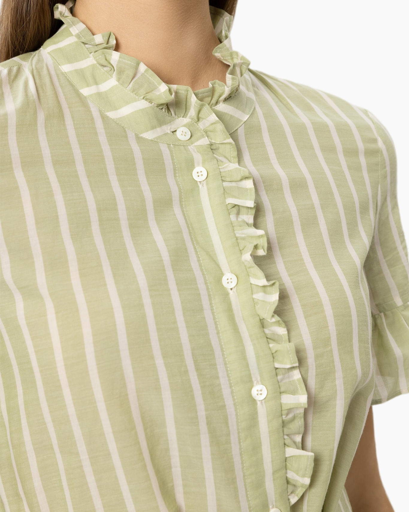 blouse, striped, ruffle, button-down, linen blend