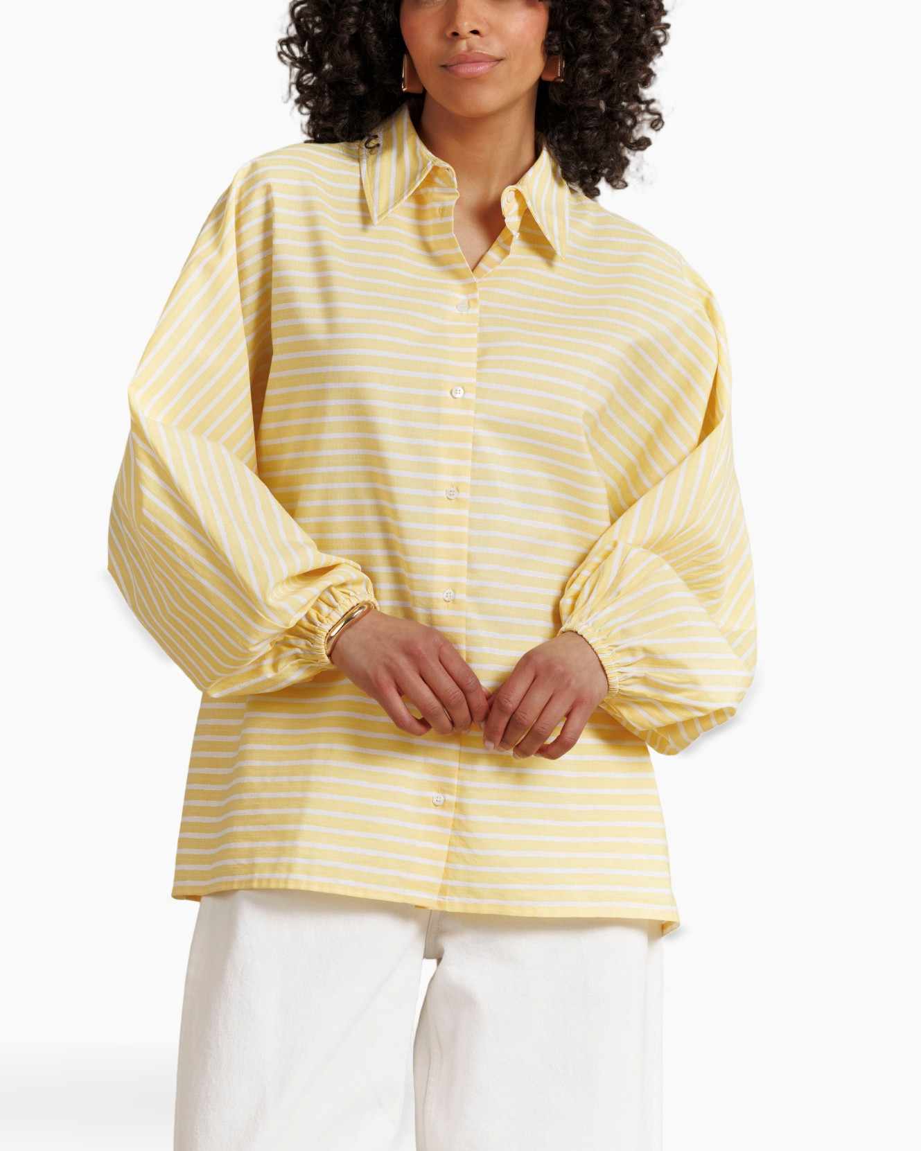 striped shirt, loose fit, yellow, button-down, long sleeves