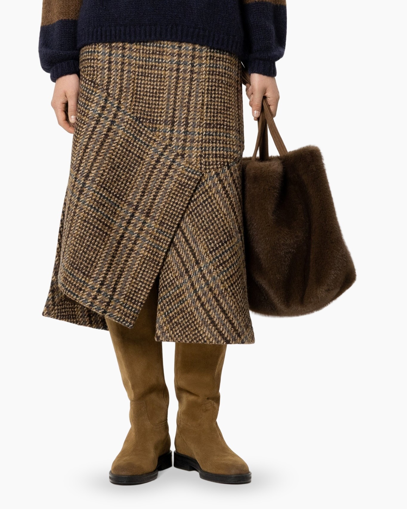 skirt, plaid, knee-length, boots, tote bag