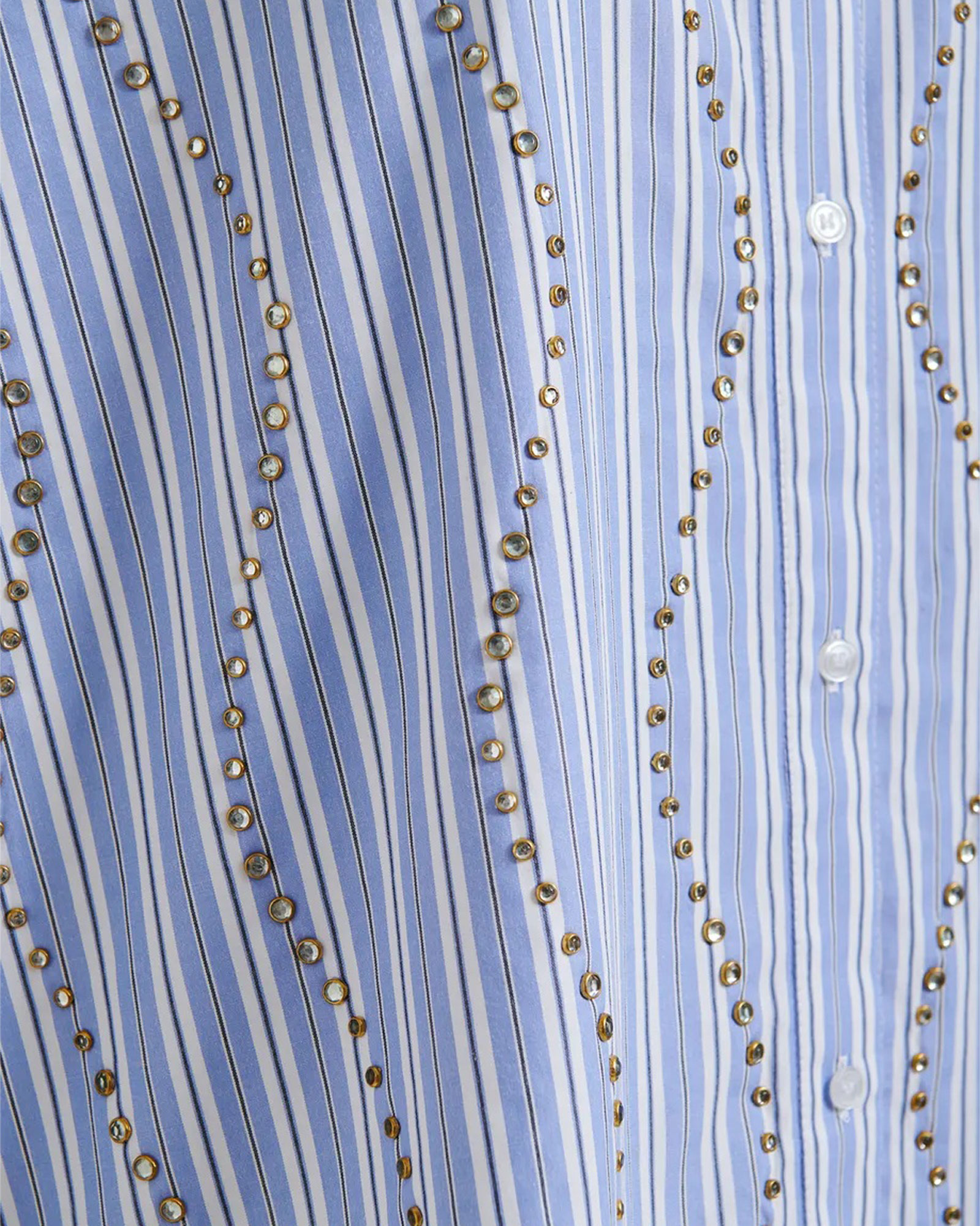 striped shirt, blue white stripes, embellished, metal studs, button placket