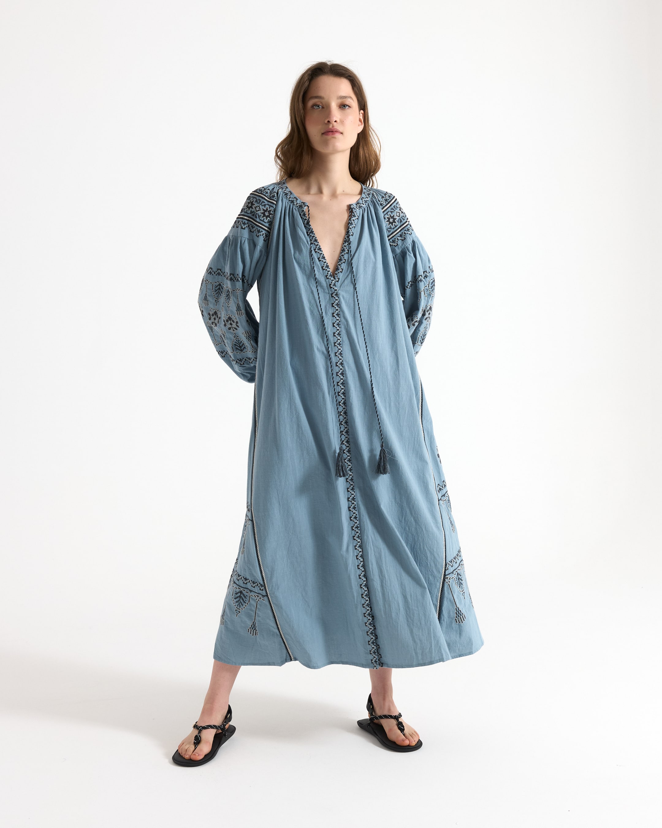 dress, embroidered, boho, maxi, denim blue
