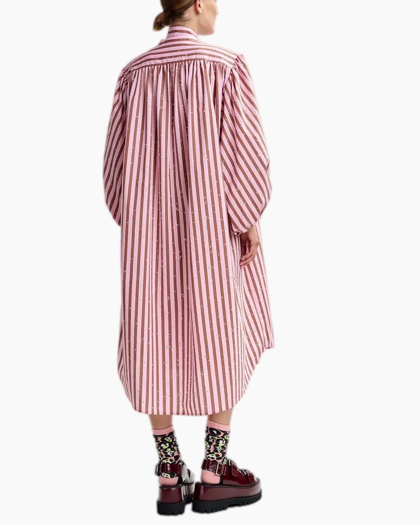 pink dress, striped dress, long sleeve, puff sleeve, knee-length