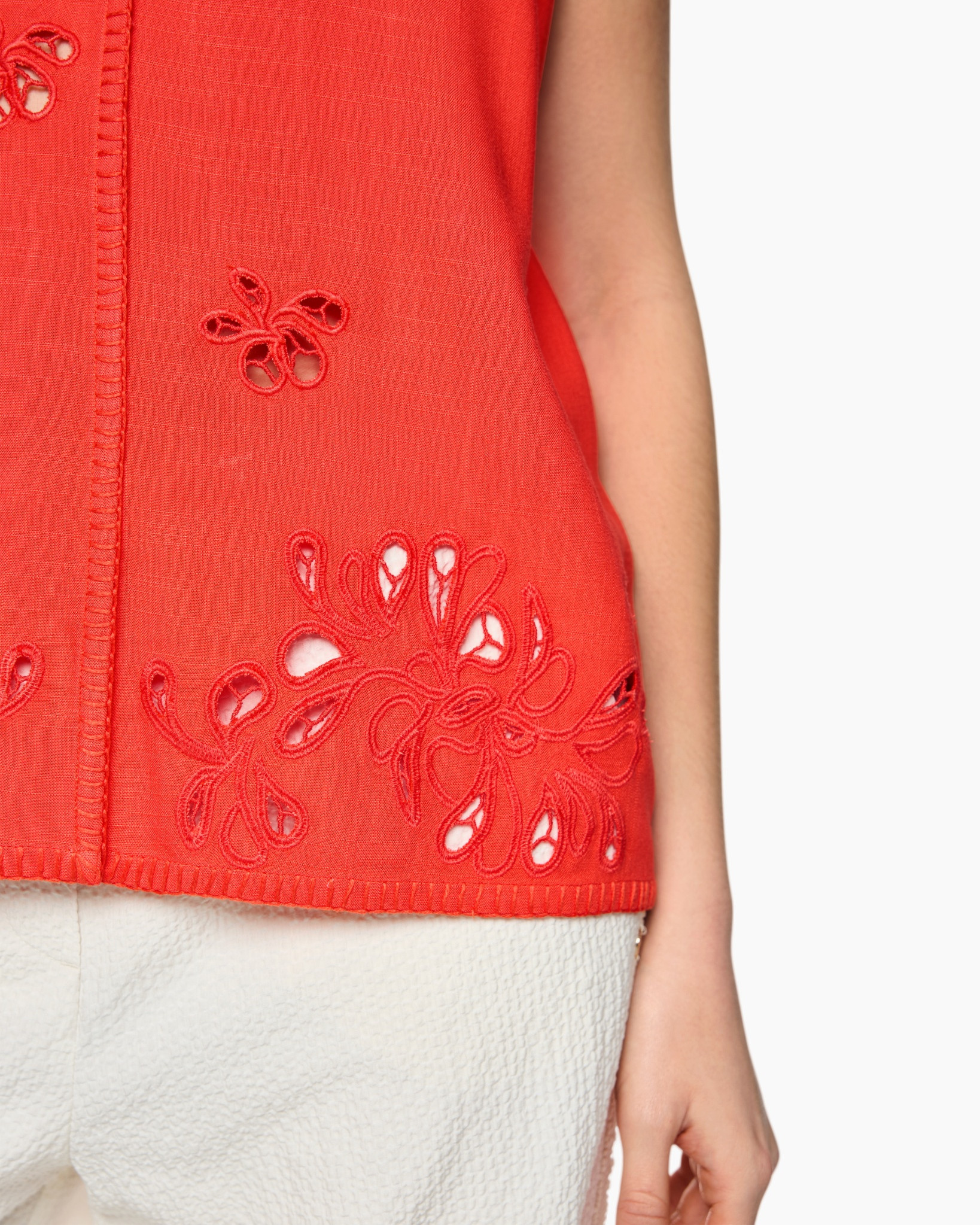 top, red, embroidery, floral, lace-free