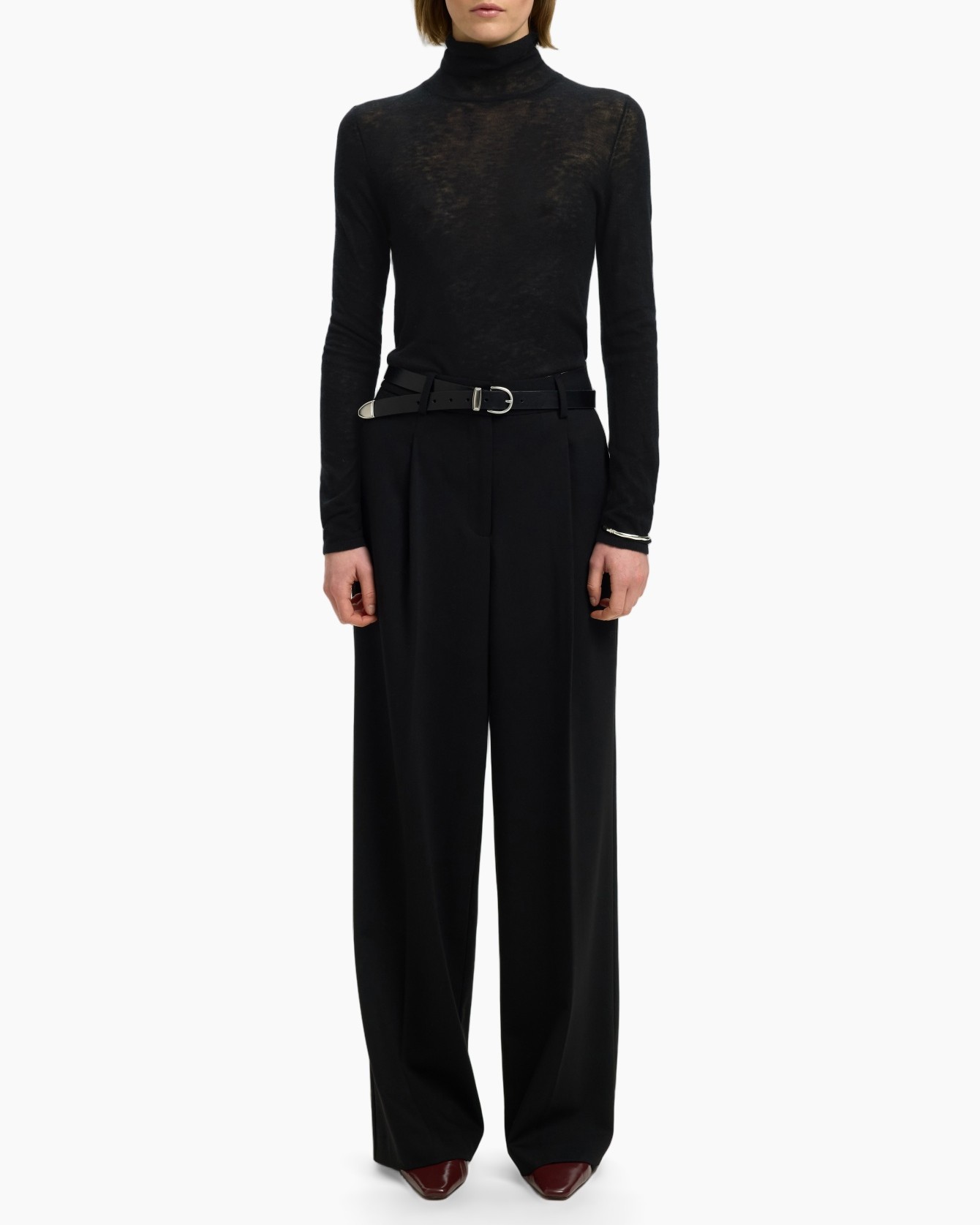 turtleneck, sheer top, black pants, wide-leg, belted