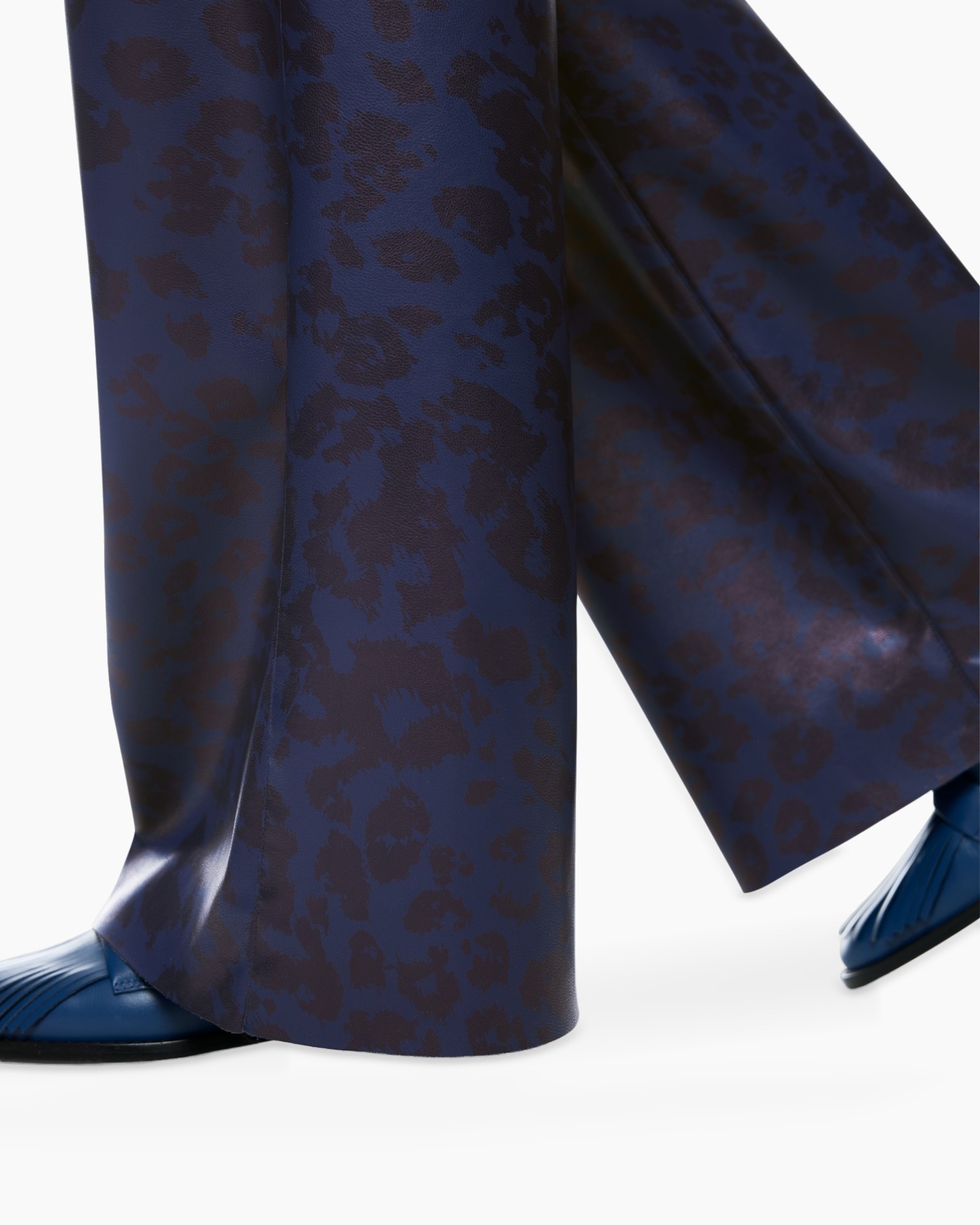 flared pants, leopard print, dark blue, wide leg, fabric texture