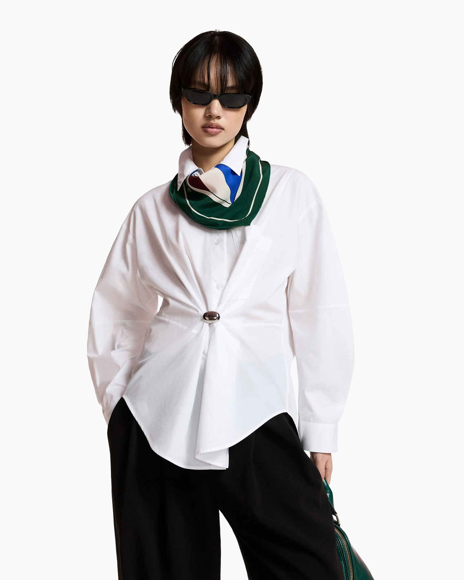white shirt, wrap blouse, neck scarf, dark sunglasses, green scarf