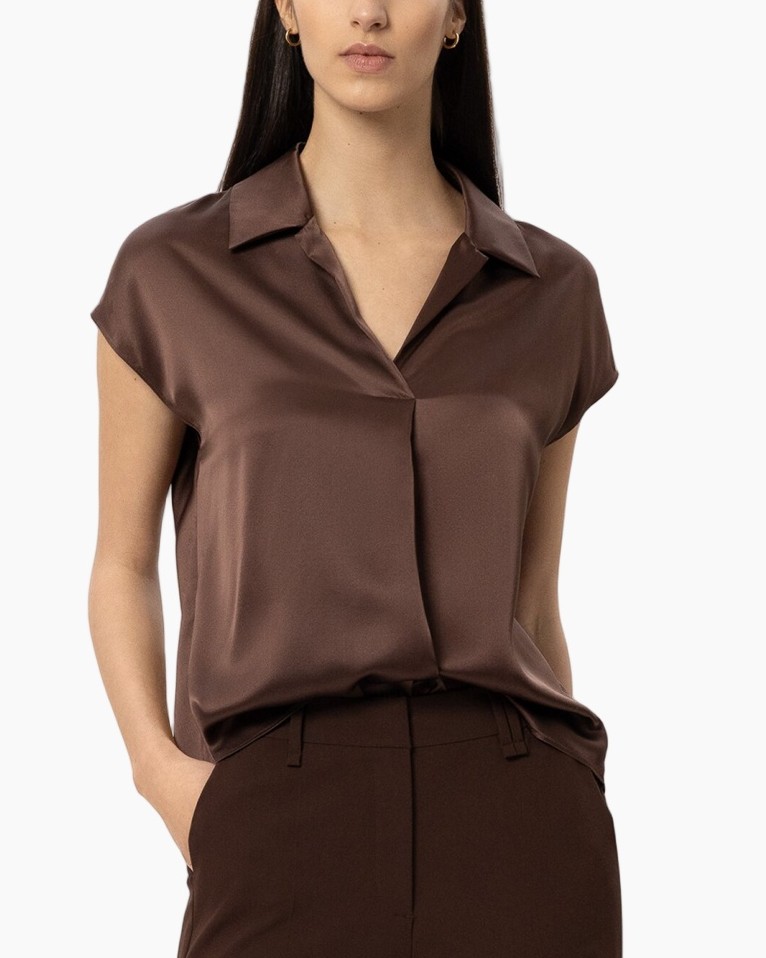silk, blouse, cocoa brown, short sleeves, collared