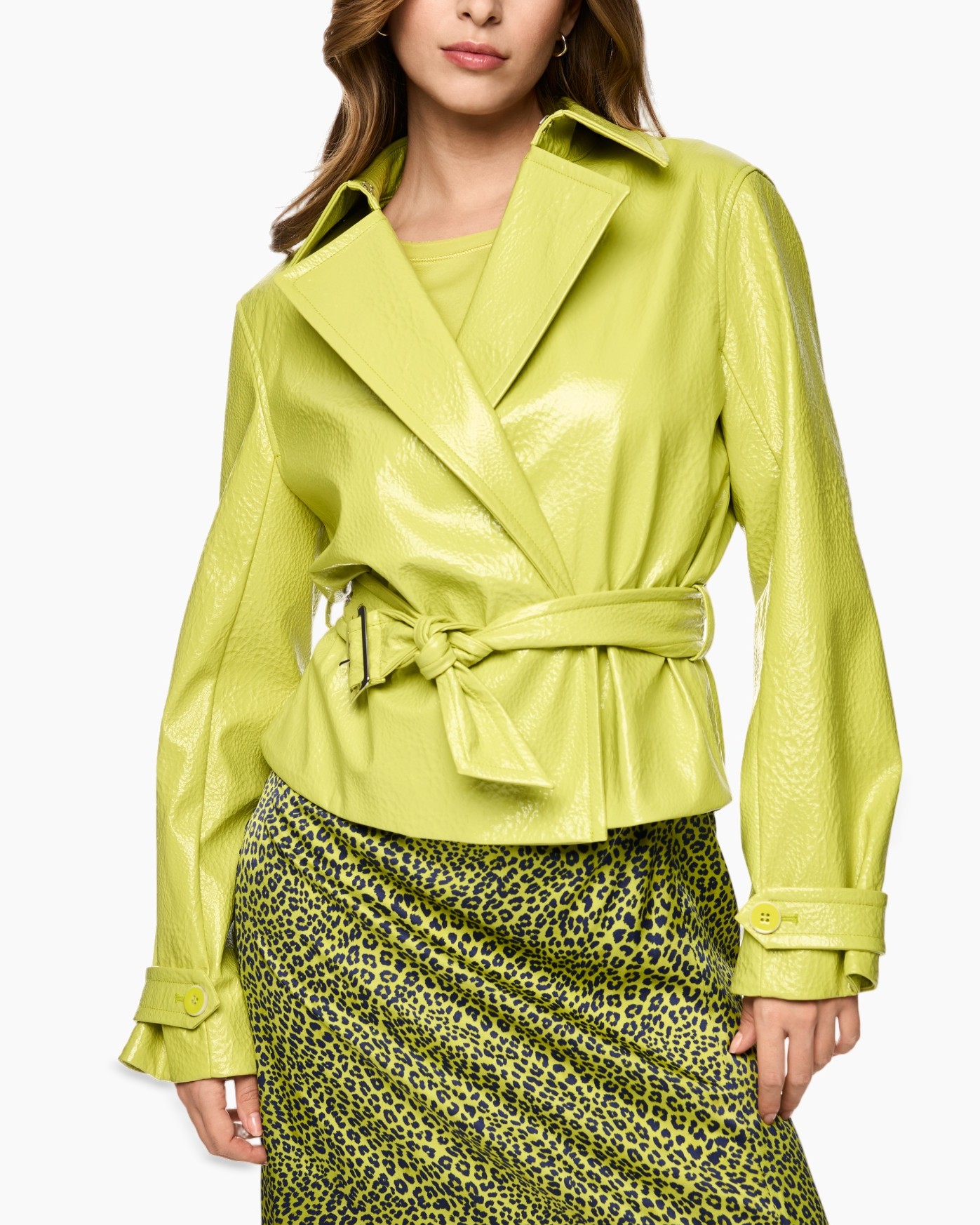 leather jacket, belted, neon yellow, long sleeve, lapel collar