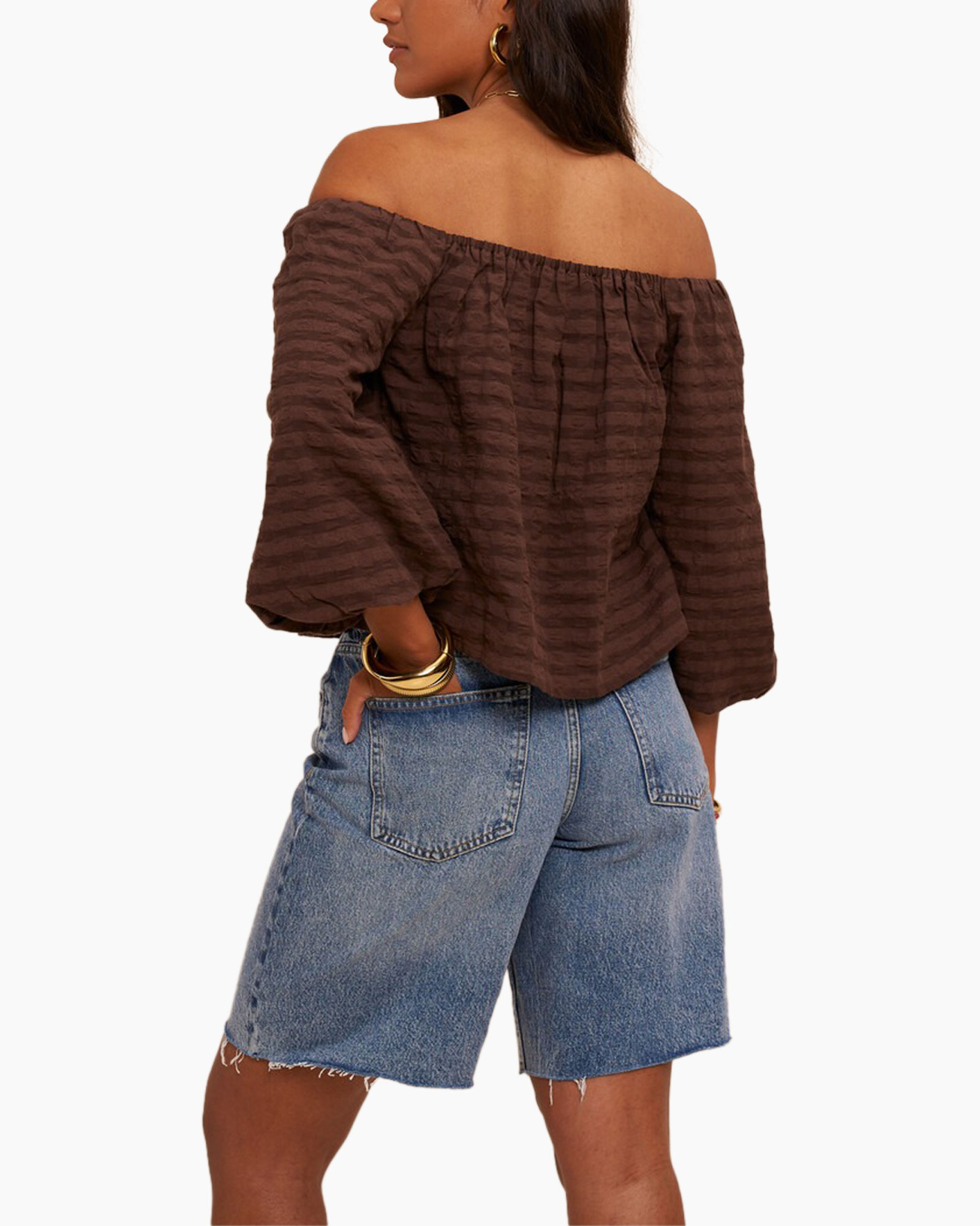 off-shoulder, brown, ruffled, top, long-sleeve