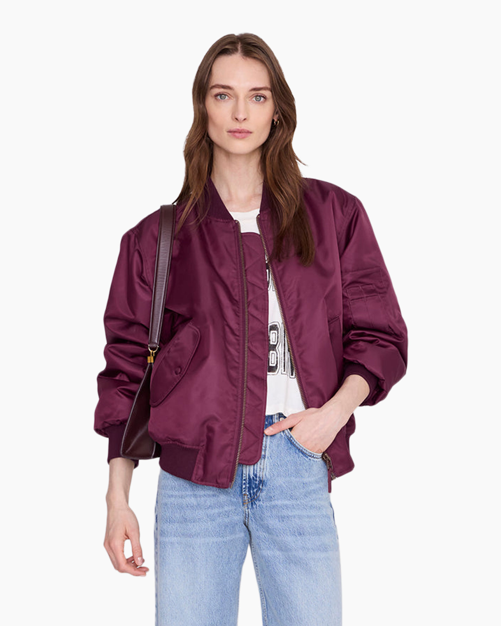 bomber, jacket, burgundy, puff sleeves, zipper