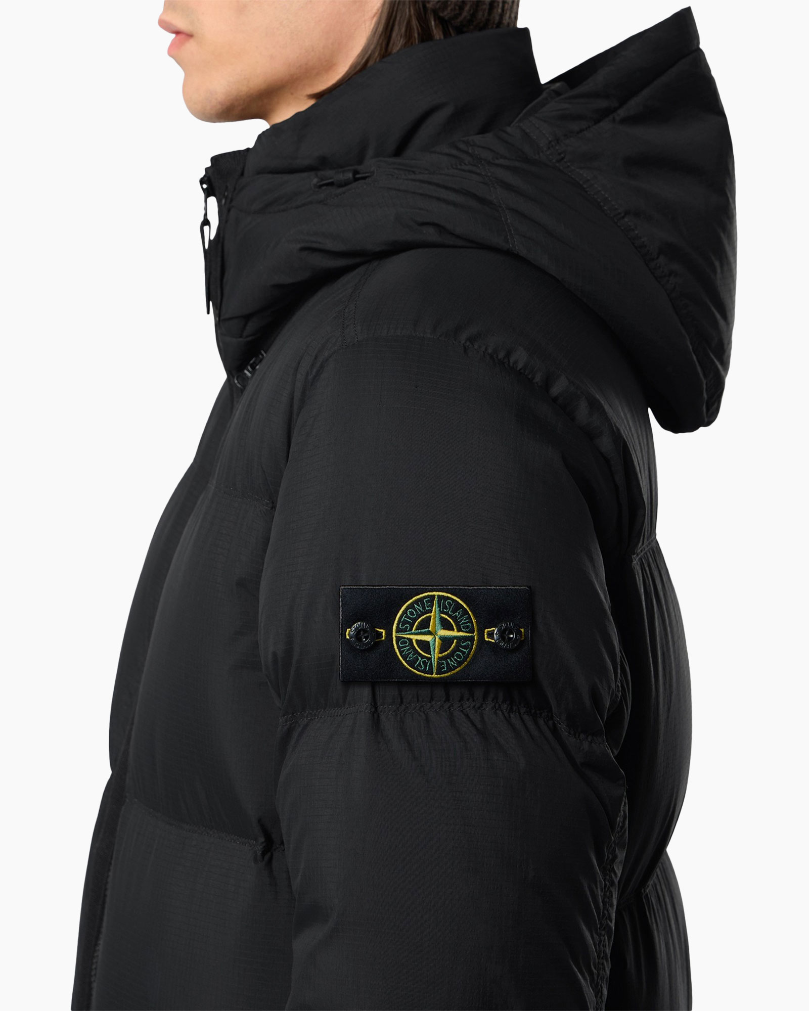 puffer jacket, hooded, black, patch emblem, stone island