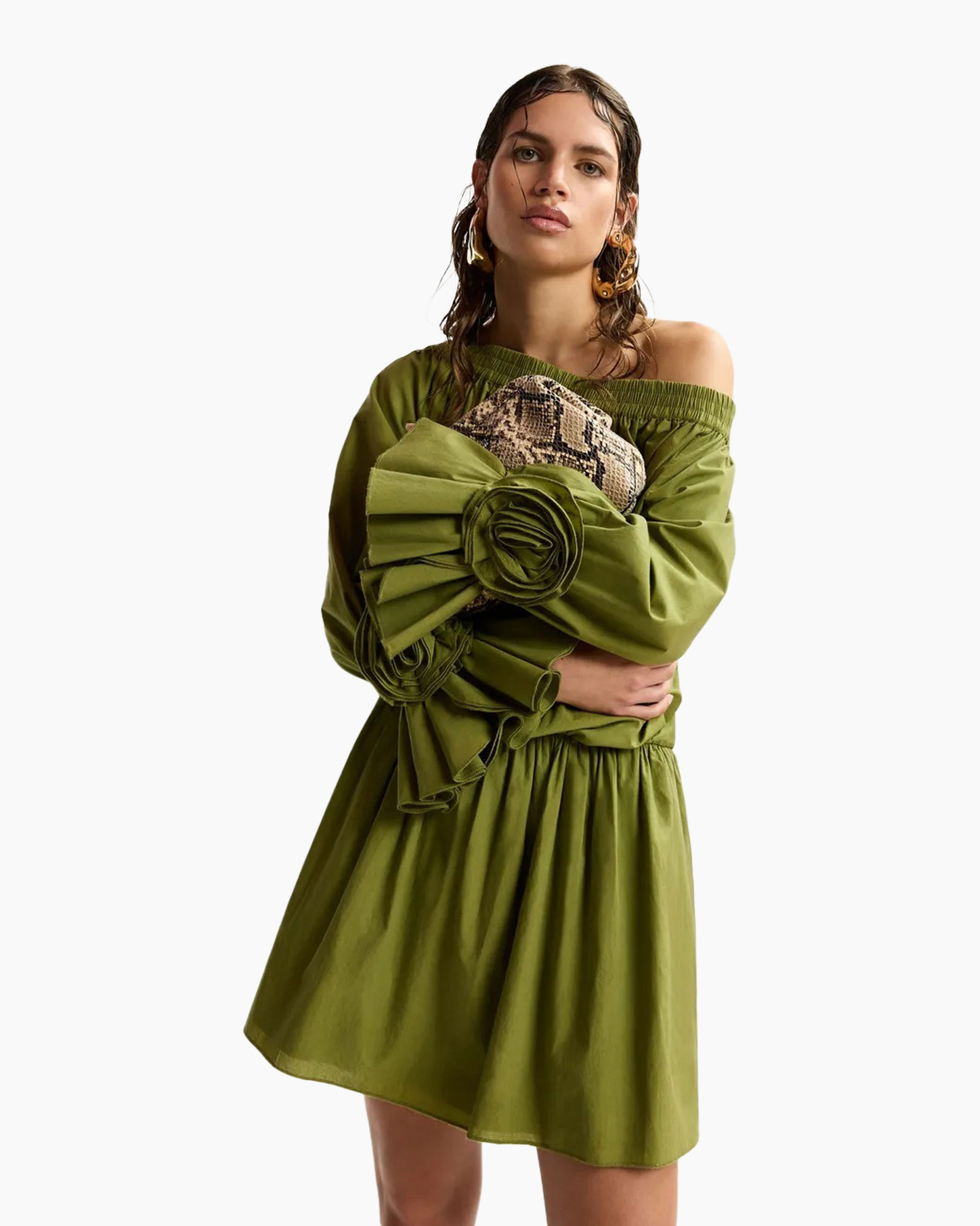 dress, green, mini dress, ruffled sleeve, puff sleeve