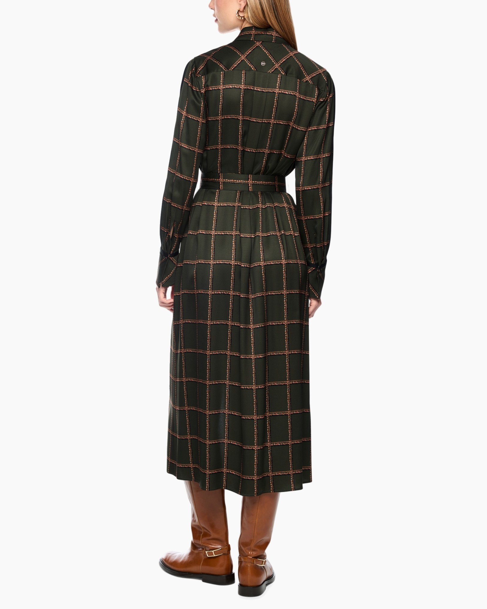 dress, grid pattern, long sleeve, belted, mid-length