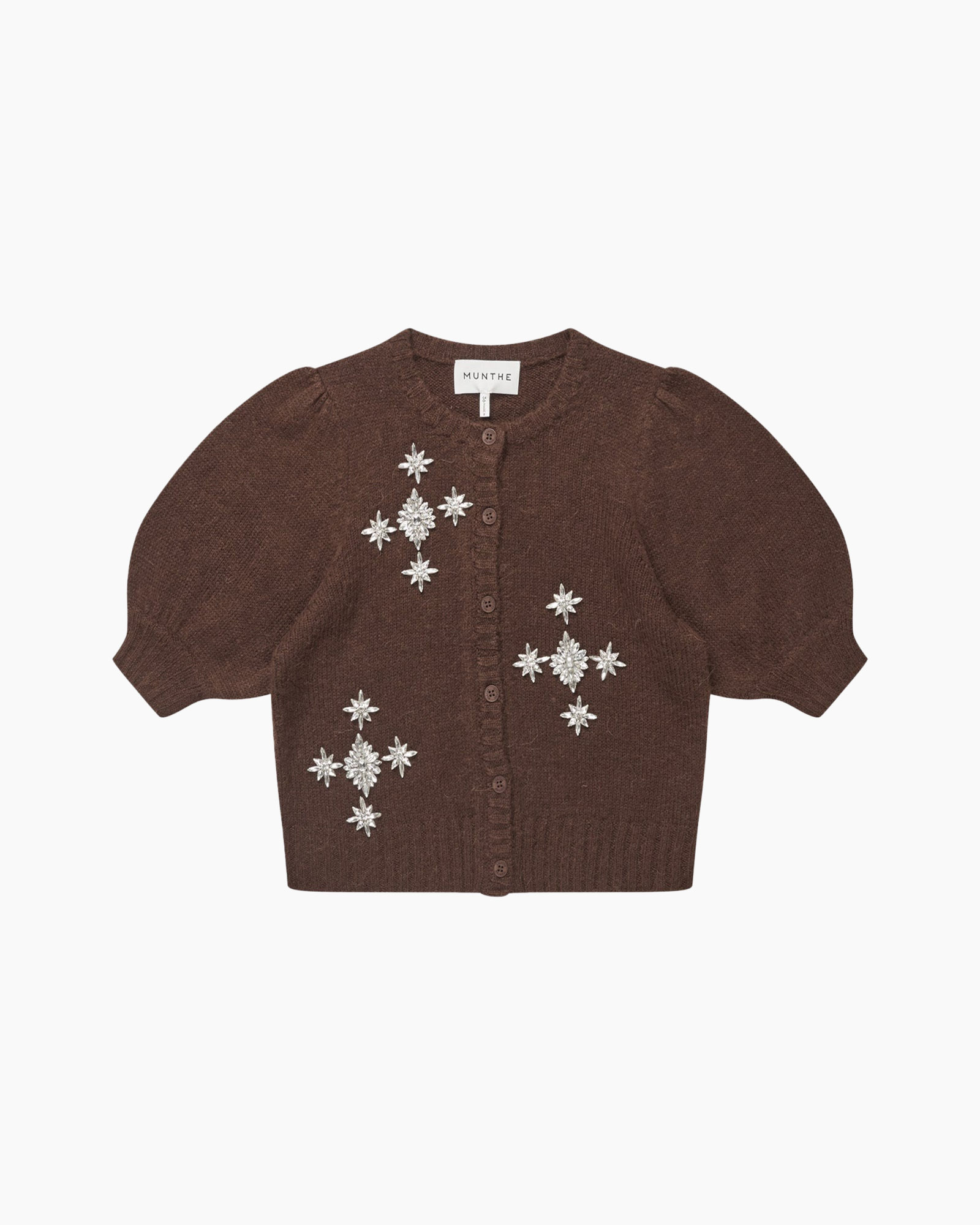 cardigan, brown, embroidered, snowflake, short-sleeve