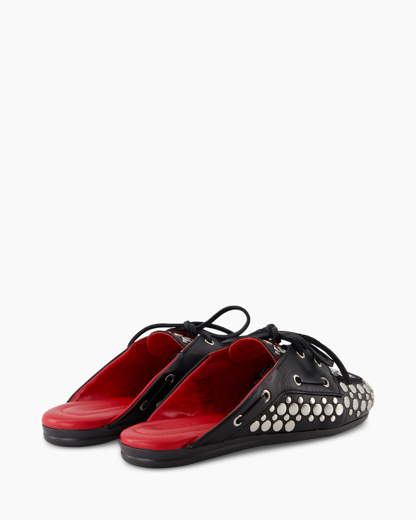 slippers, moccasins, black, red-insole, studs