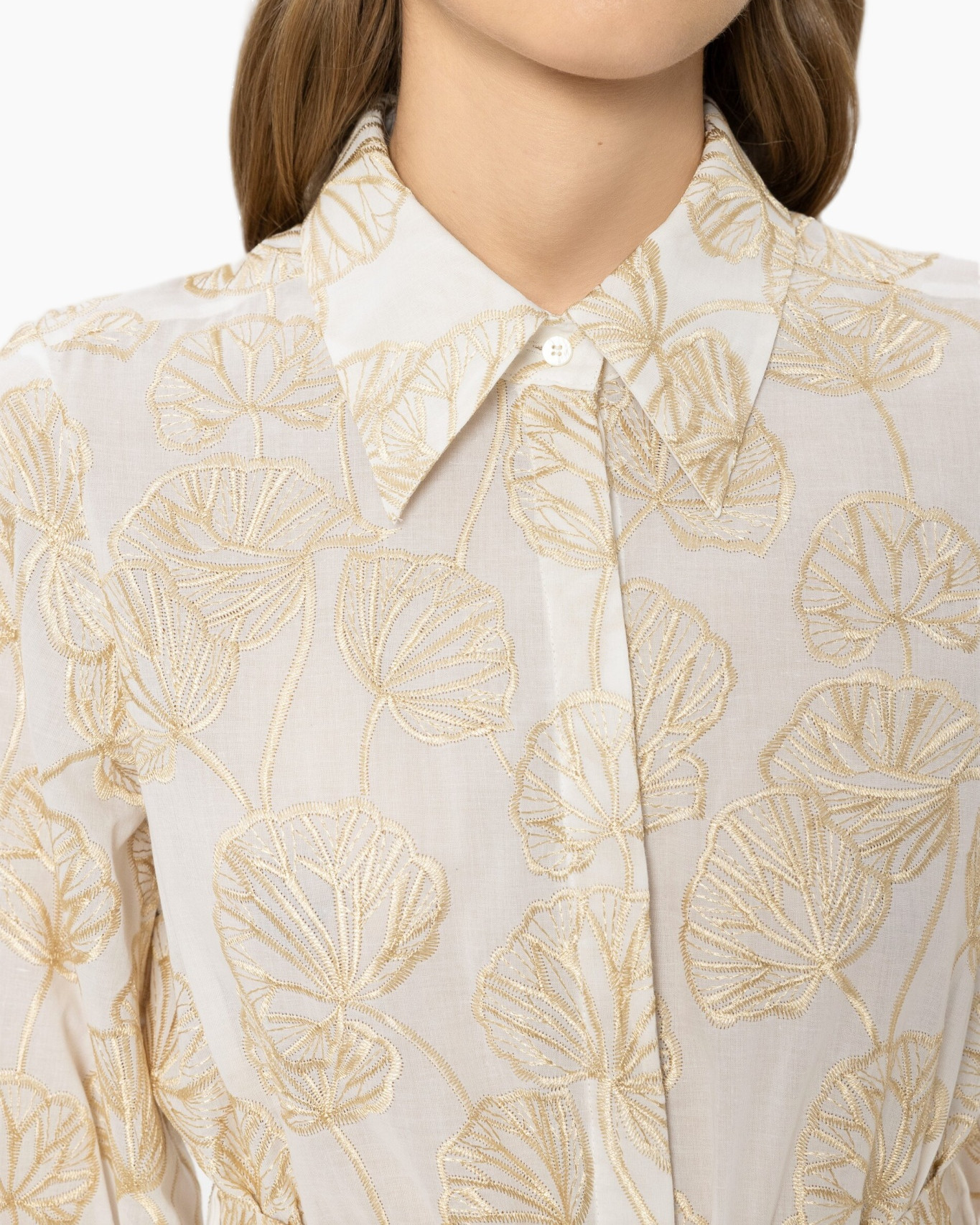 shirt, collared shirt, embroidery, leaf pattern, patterned fabric