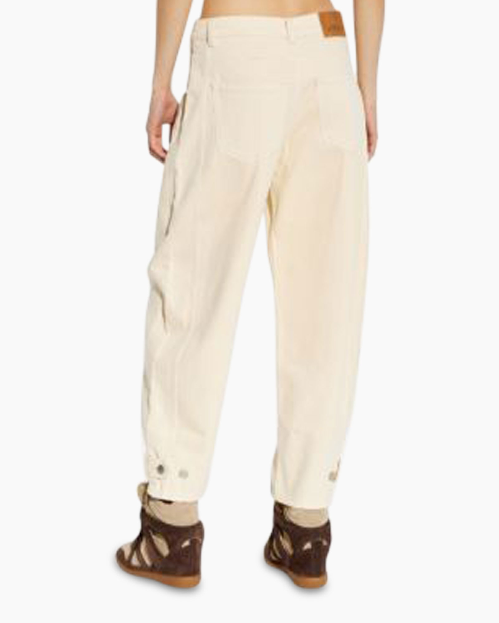 beige pants, wide leg, denim-like, front pockets, ankle cuffs