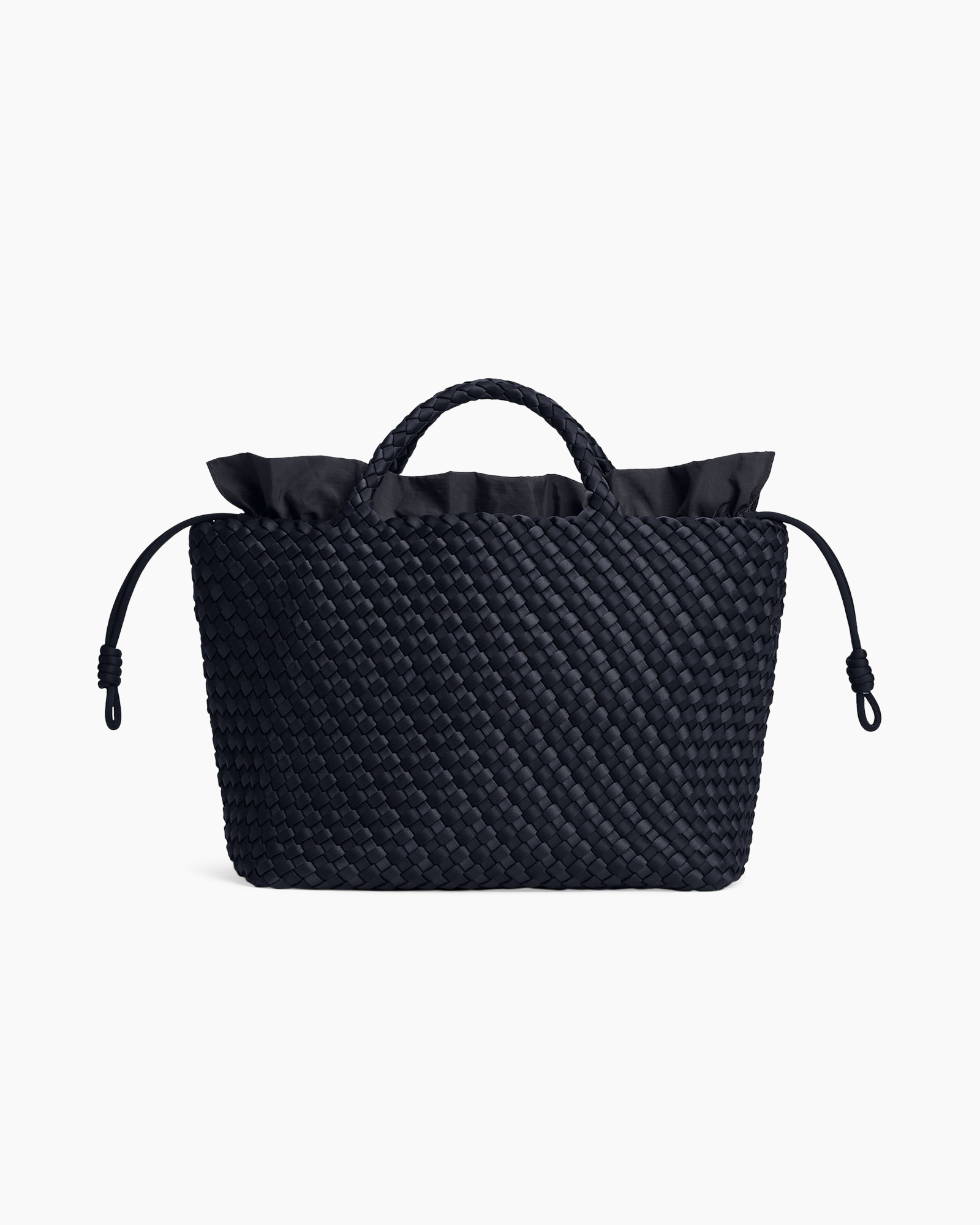 bag, handbag, woven, dark blue, drawstring