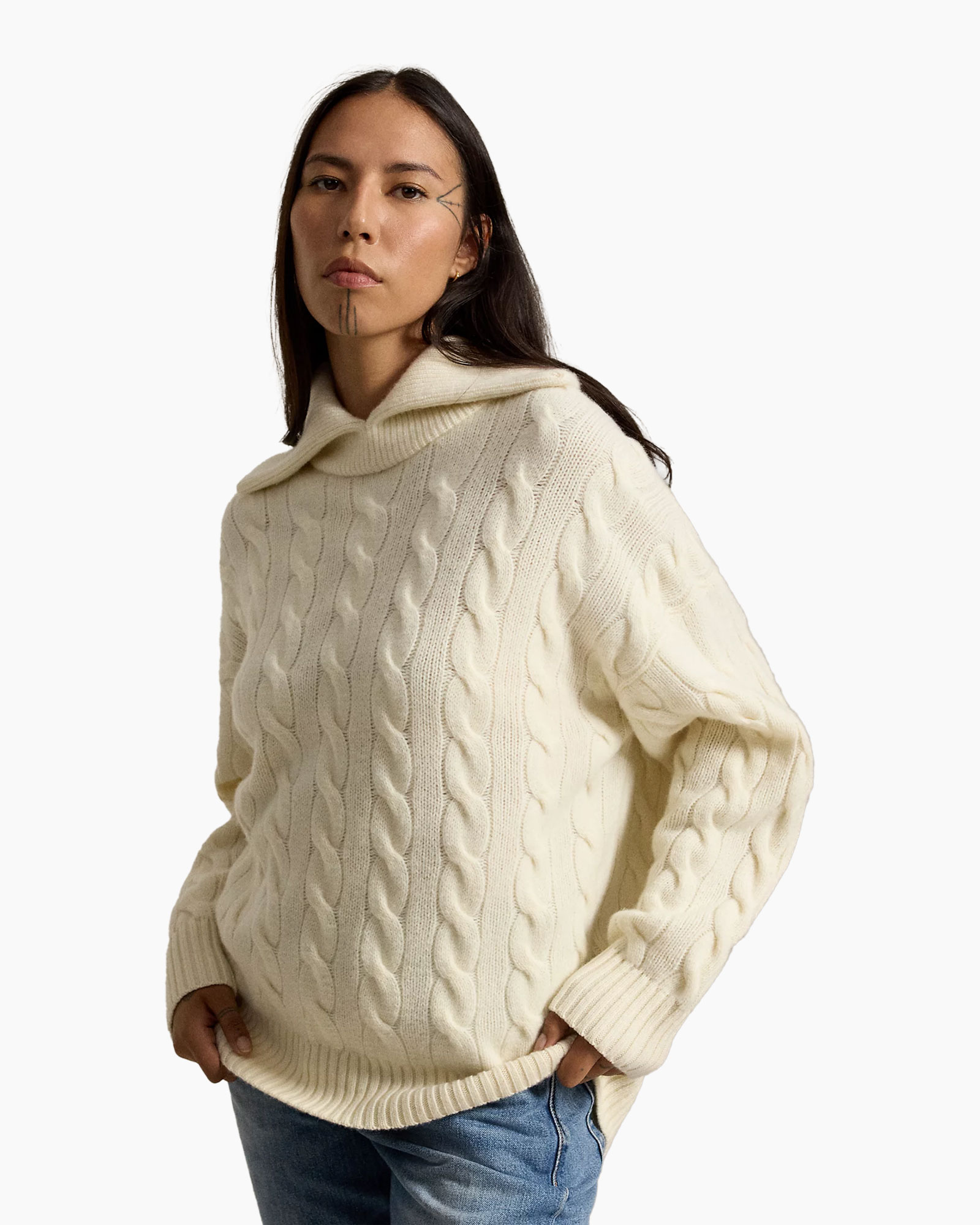 Cable-knit, Turtleneck, Cream sweater, Chunky knit, Long-sleeve pullover