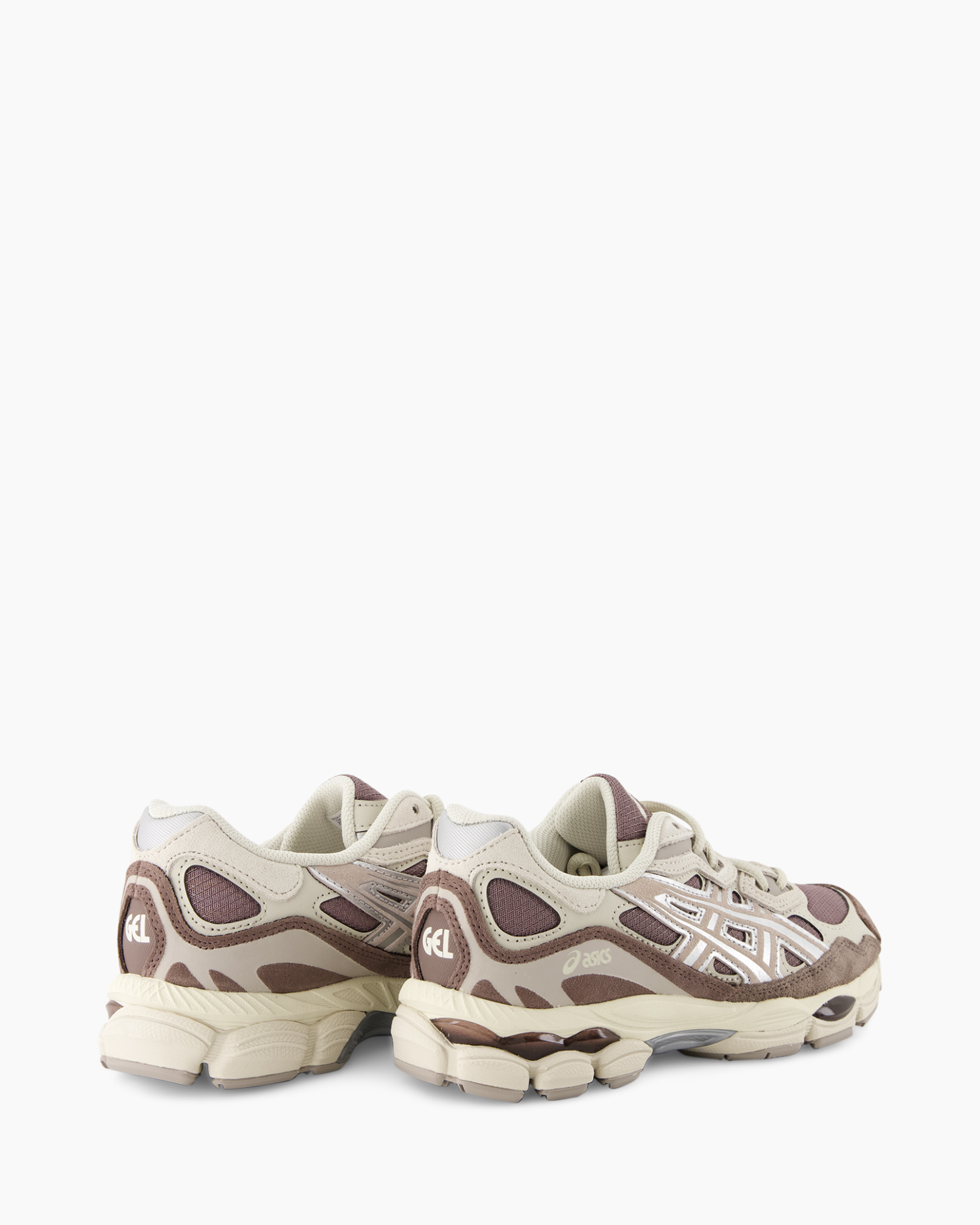 running shoes, athletic footwear, gel shoes, beige brown, mesh suede