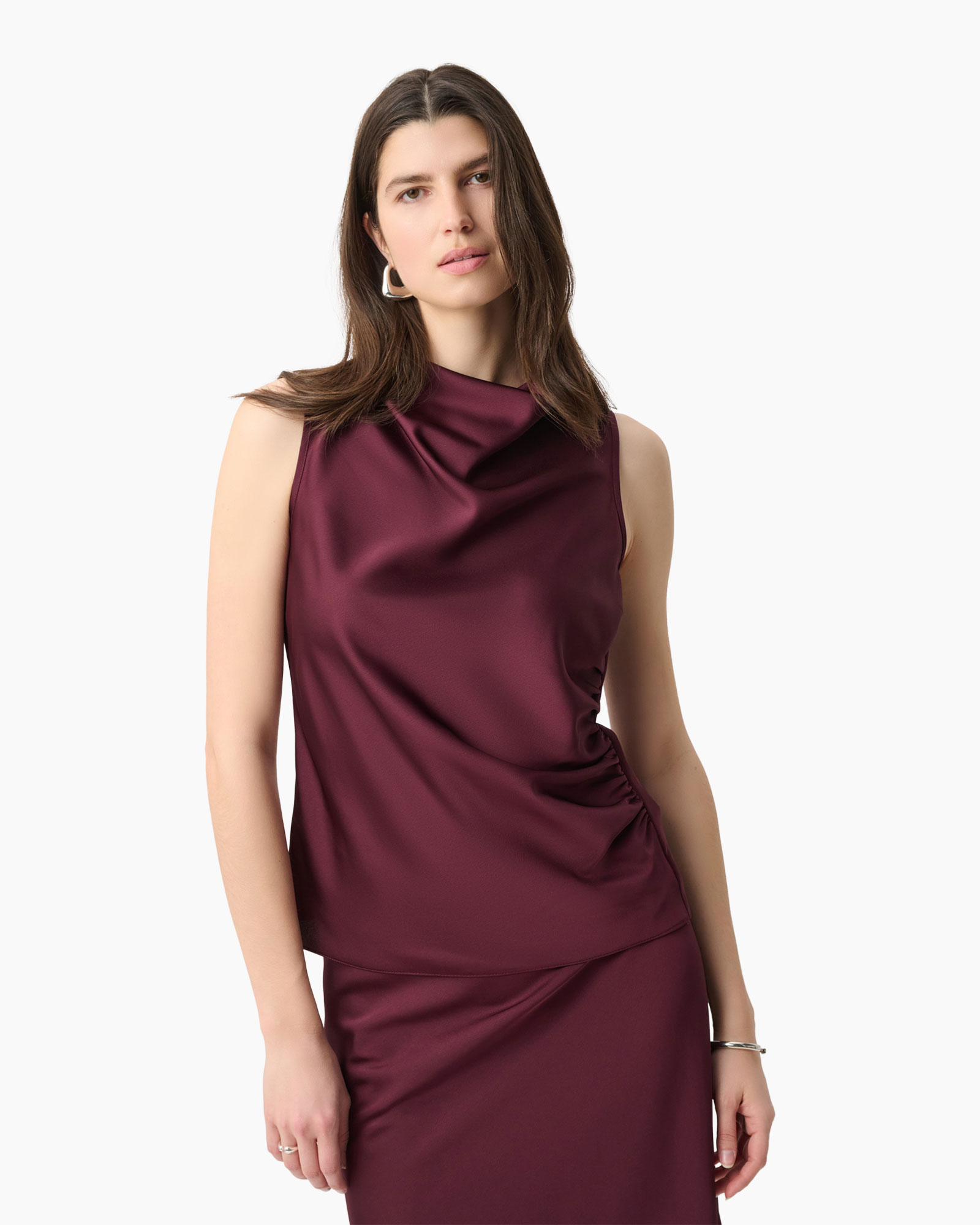 sleeveless top, draped top, burgundy, satiny, woman