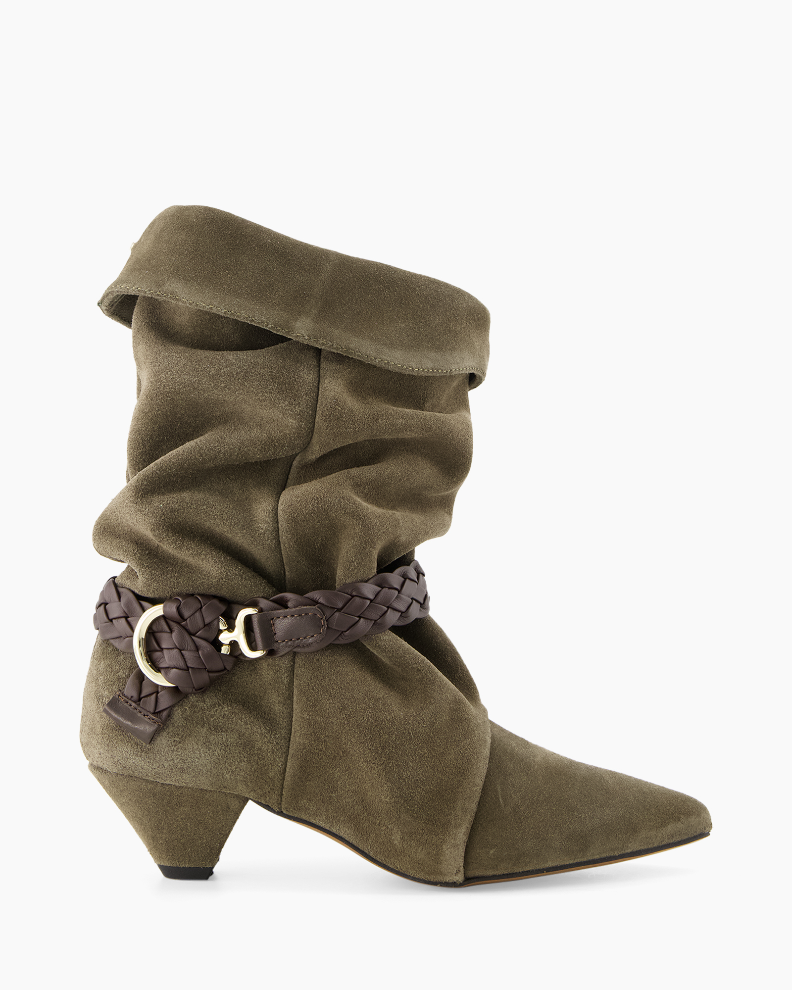 ankle boot, suede, brown, braided belt, mid heel