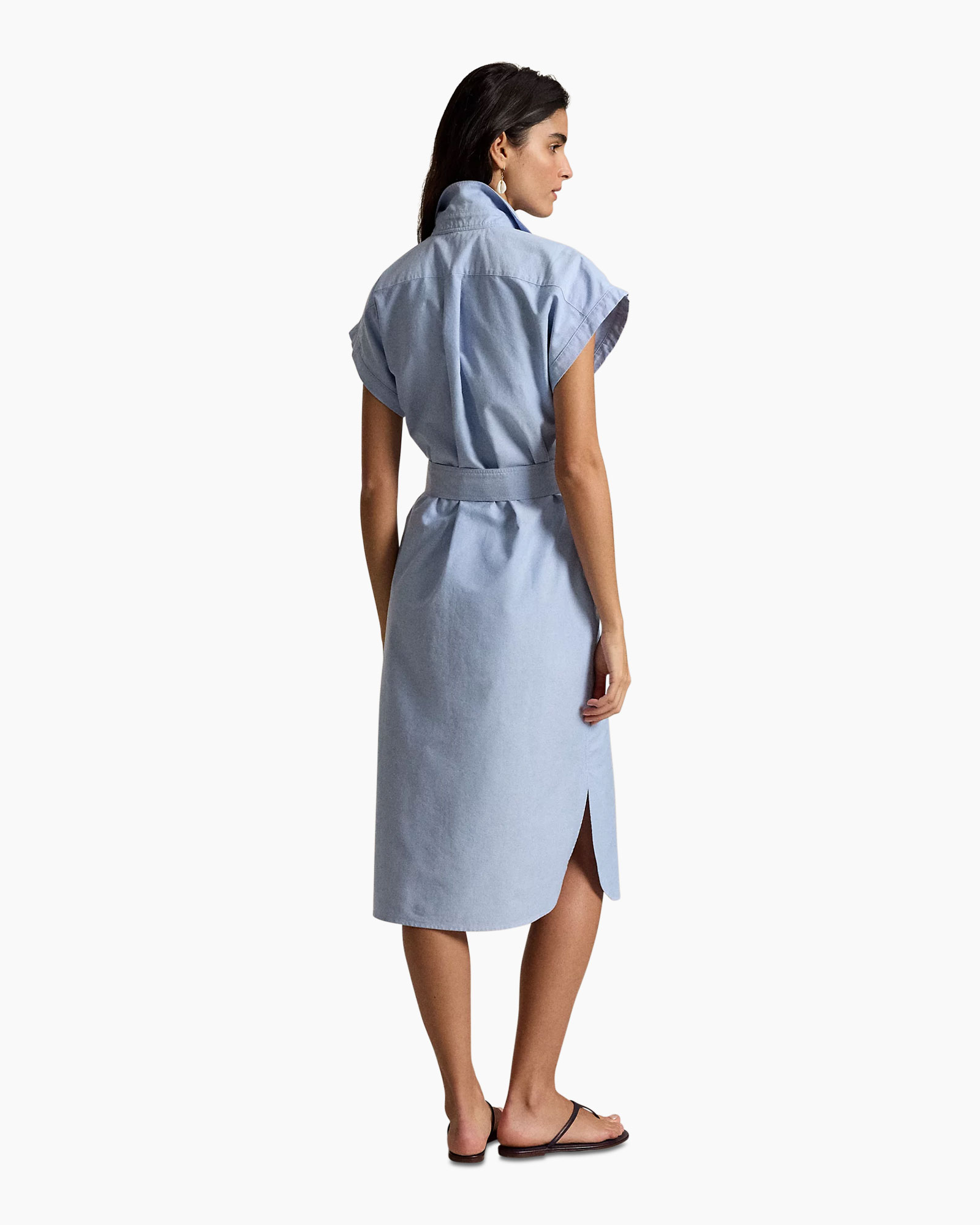 shirt dress, knee-length, belted, blue, short sleeves