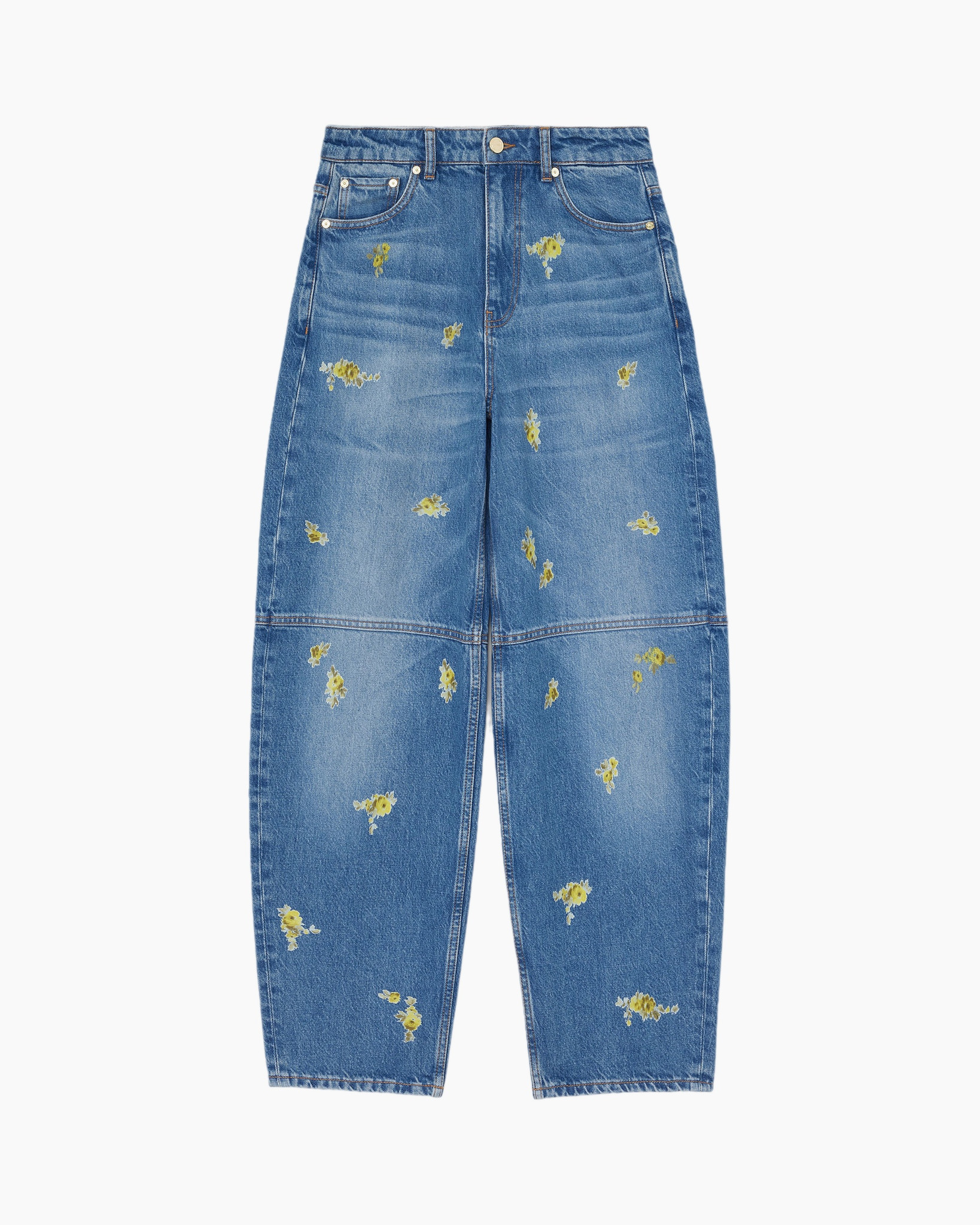 denim, jeans, distressed, flower print, wide leg