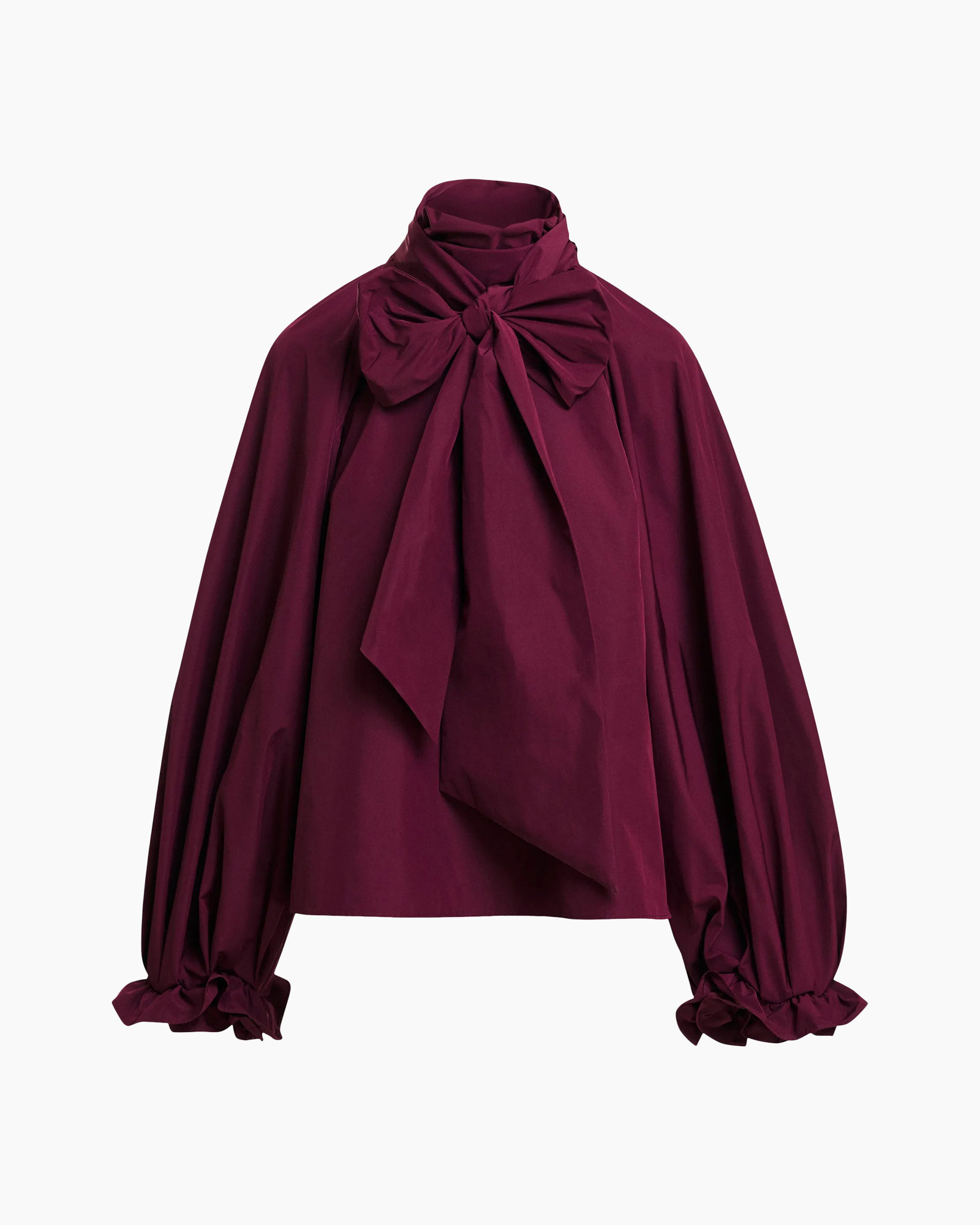 blouse, satin, purple, bow, ruffled-sleeves