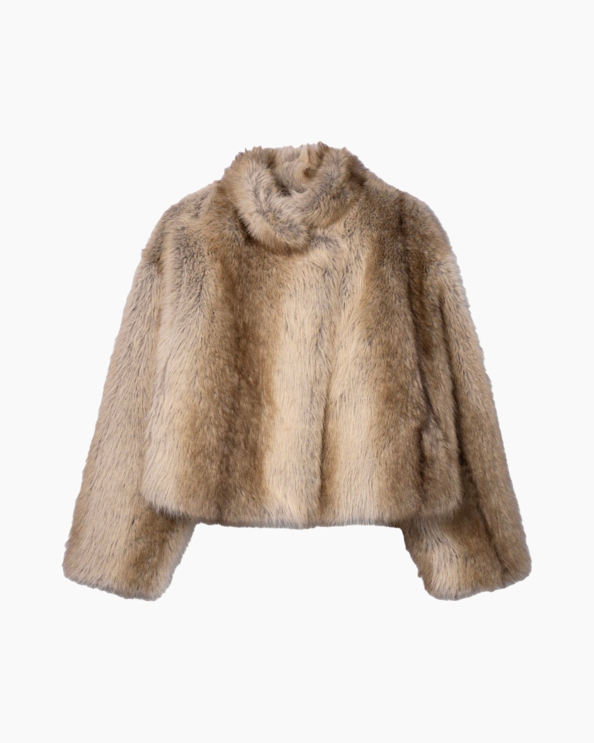 faux fur jacket, fur coat, short cropped, beige brown, collarless
