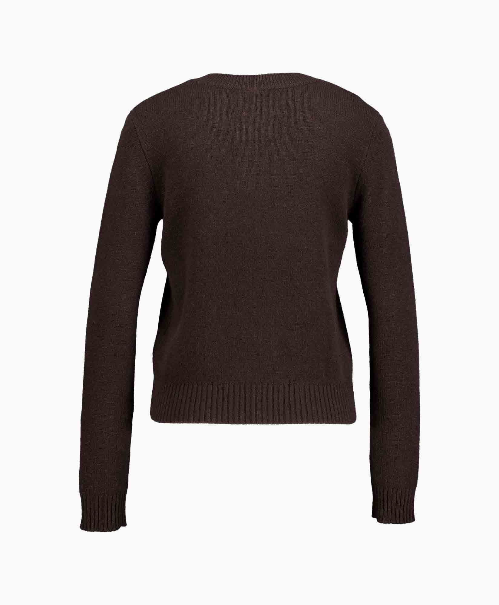 knit sweater, brown, long sleeves, crew neck, ribbed hem