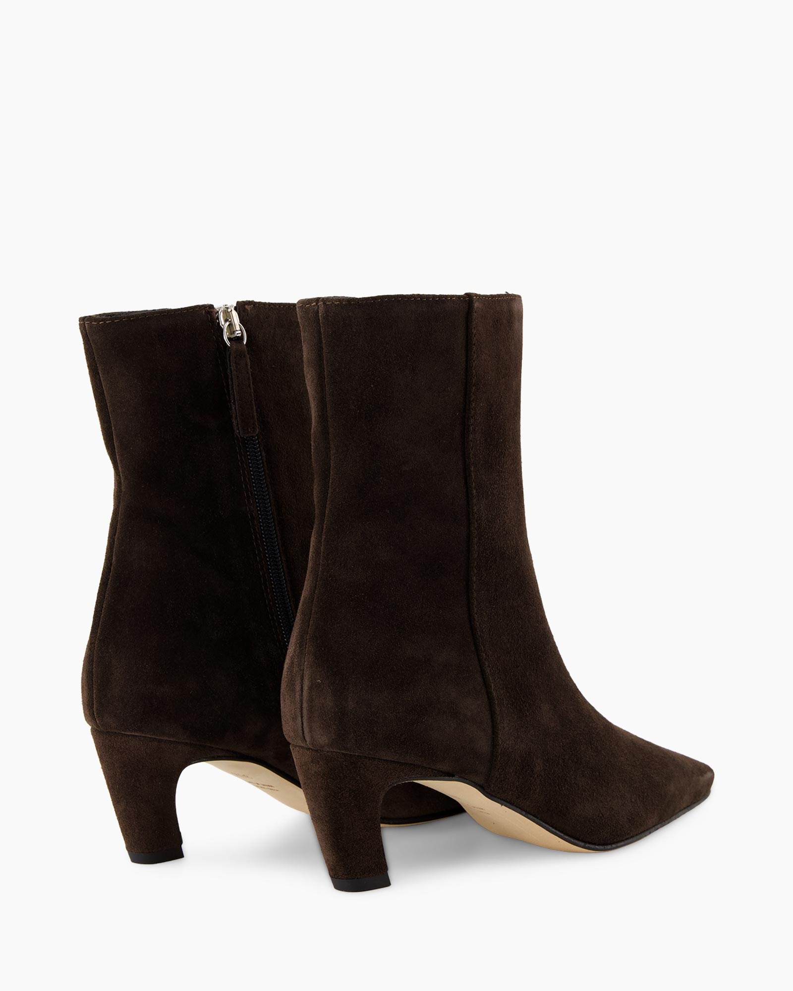 ankle boots, brown suede, mid heel, zip closure, pointed toe