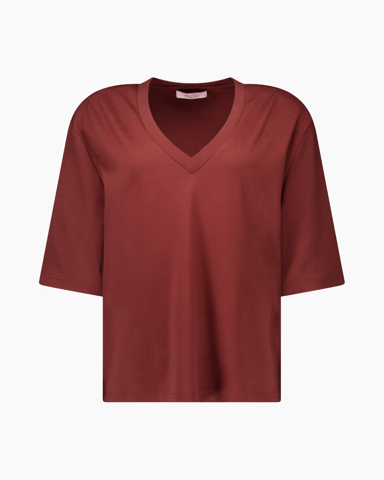 v-neck, short-sleeve, rust, t-shirt, linen-looking?