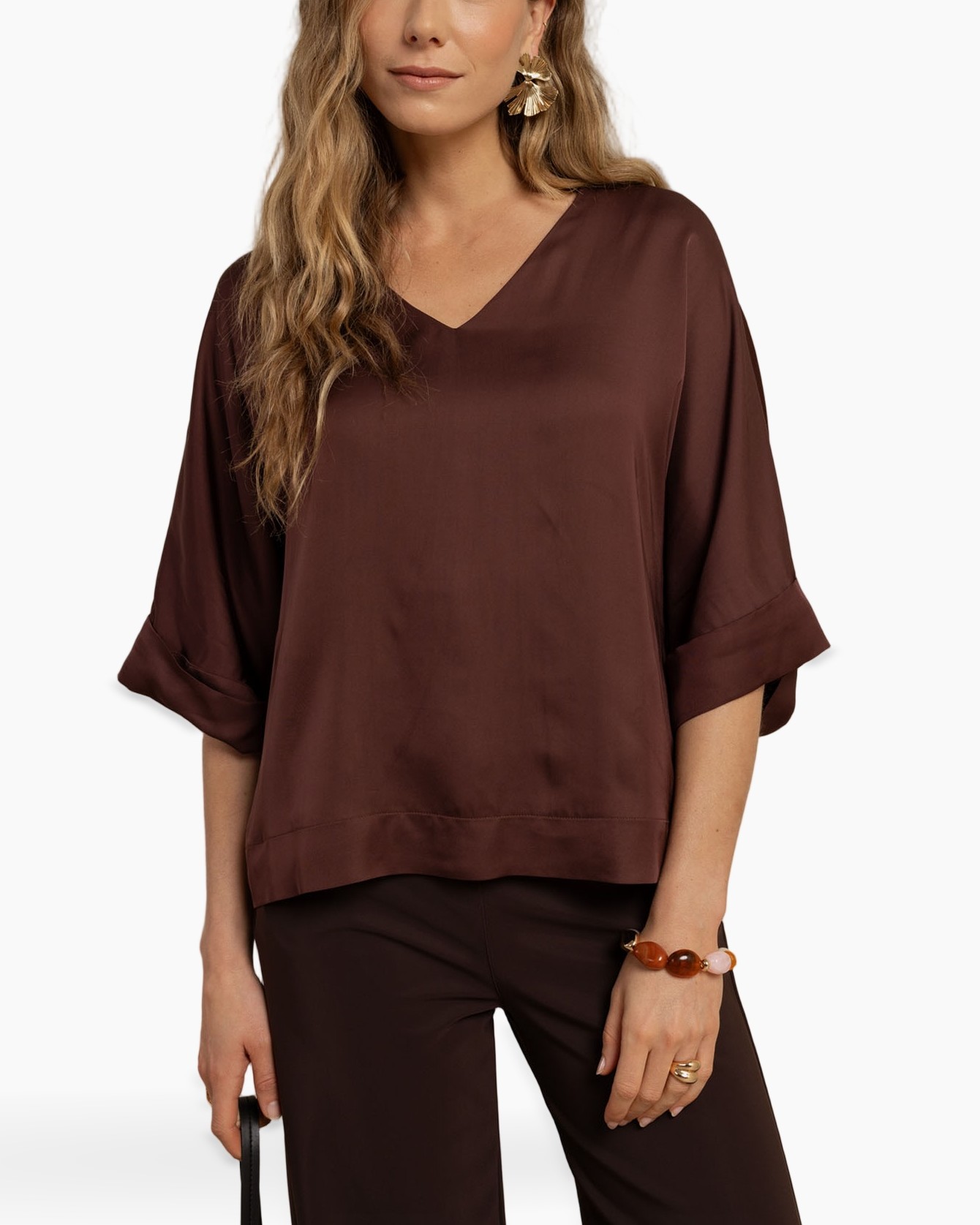 brown top, V-neck, puff sleeves, silky blouse, loose fit