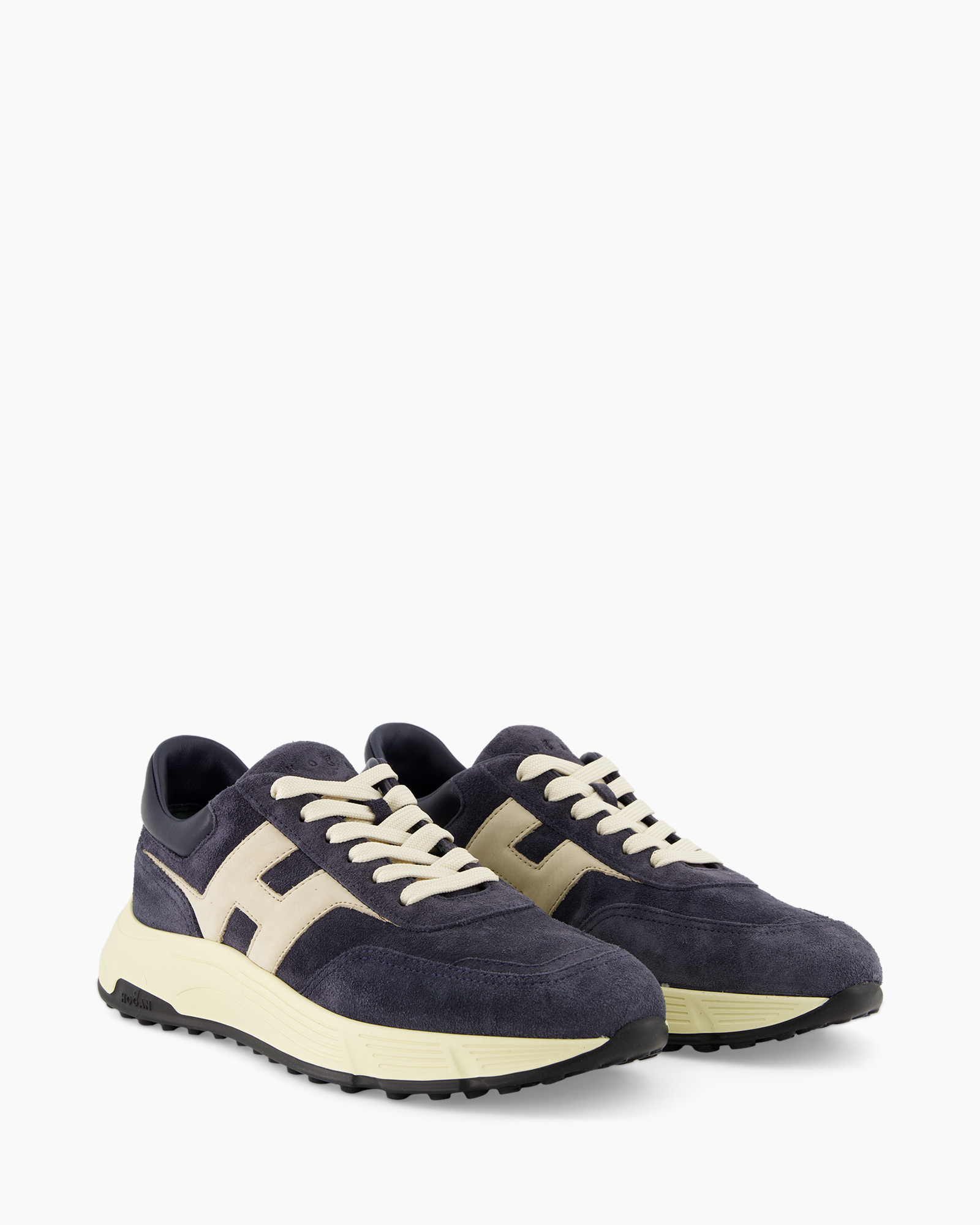 sneakers, athletic shoes, navy suede, cream accents, lace-up