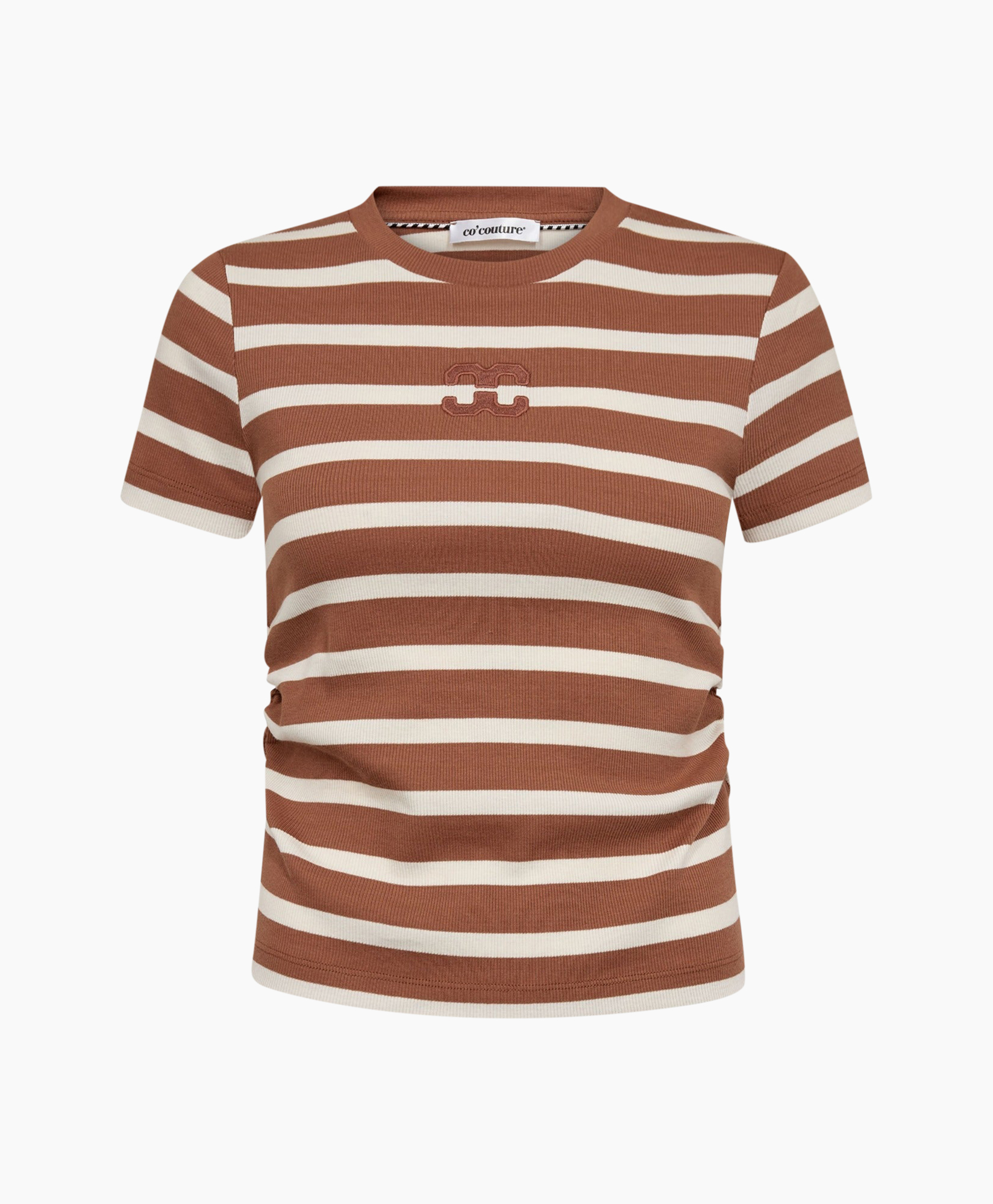 striped, t-shirt, short sleeve, brown, crewel logo