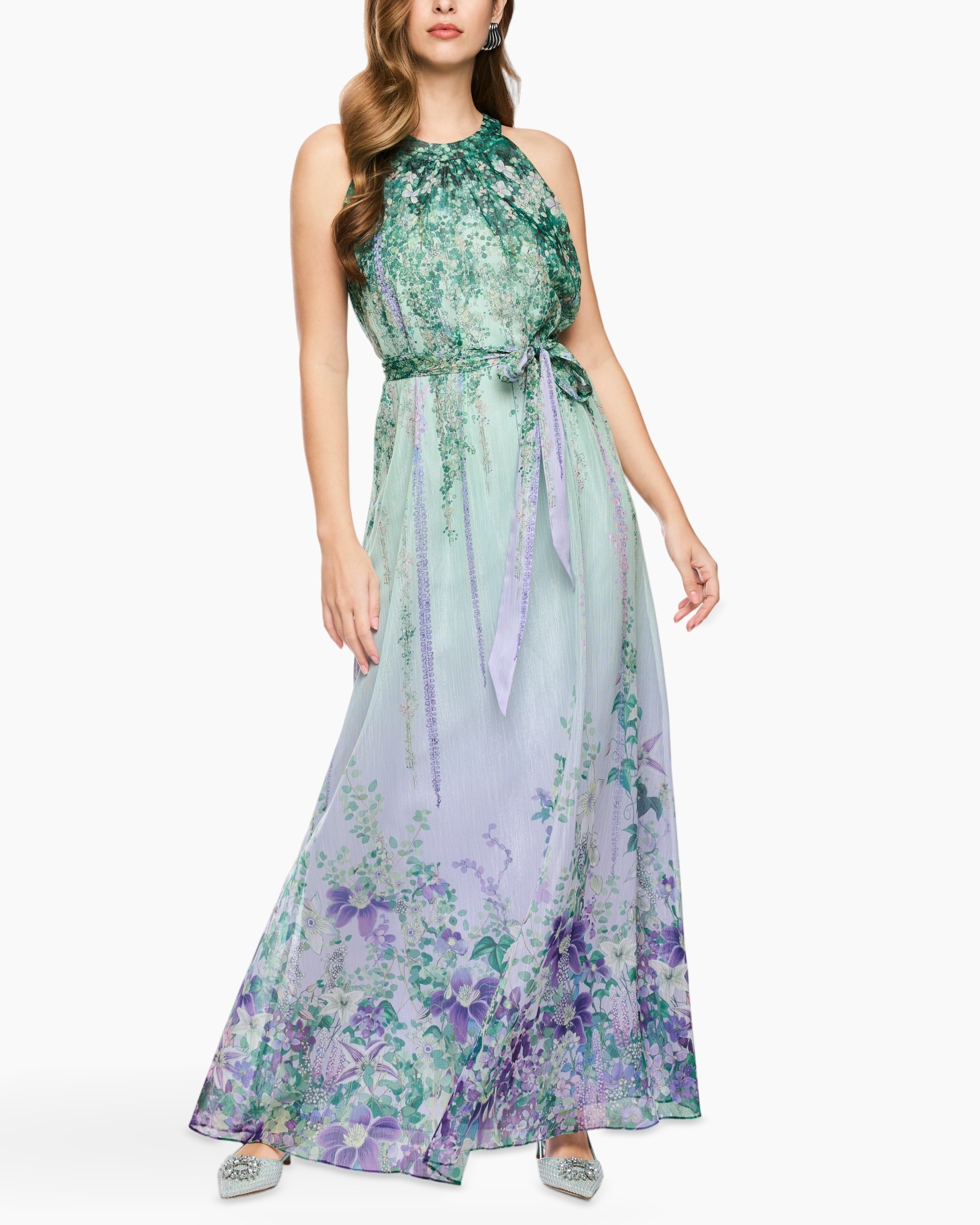 evening dress, jewel-tone, floral print, halter neckline, waist sash