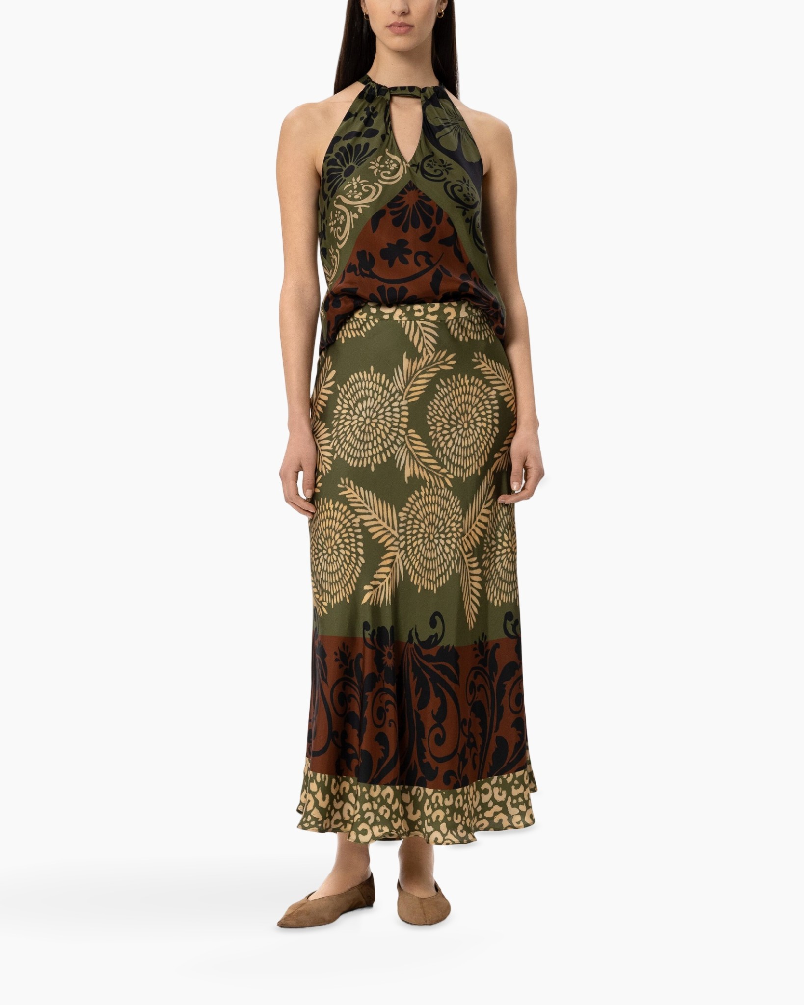 maxi dress, halter neck, patterned dress, floral pattern, olive green