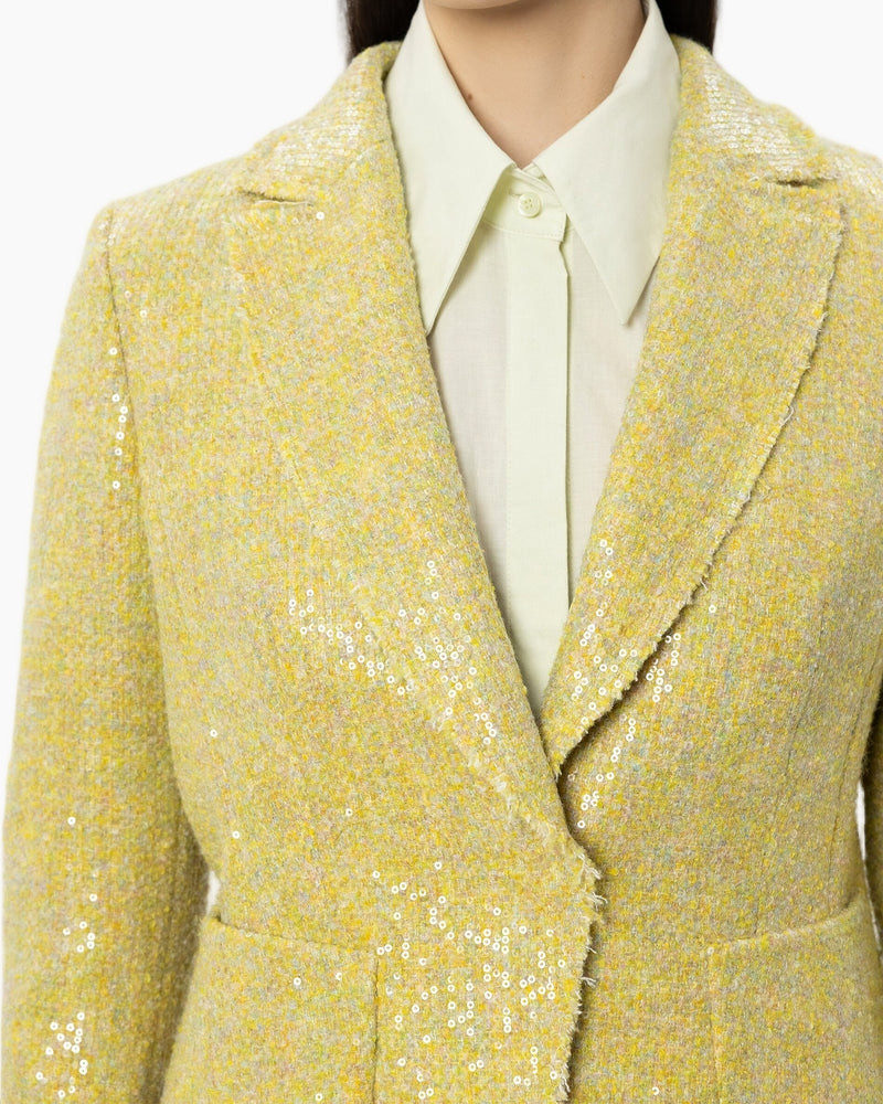 blazer, sequin, yellow, linen, collar