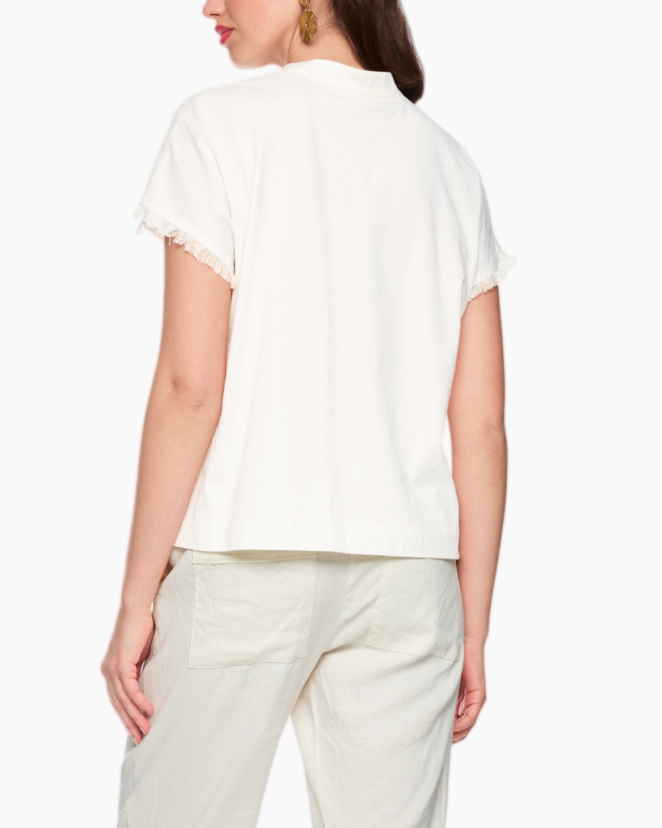 white top, linen, short sleeve, V-neck, fringe hem