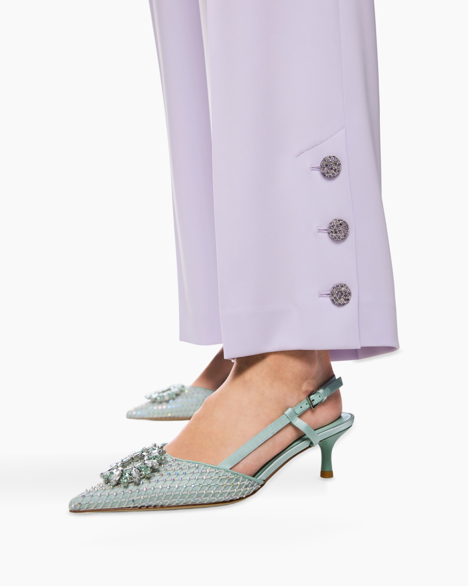 lavender pants, embellished heels, pump shoes, low heel, slingback strap