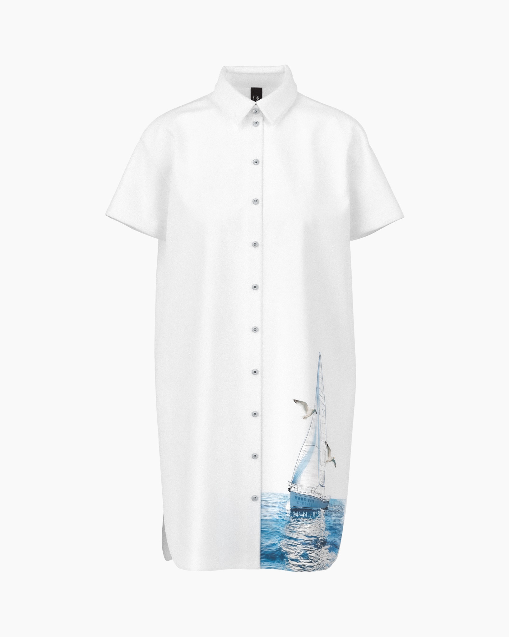 button-front, short-sleeve, white, shirt-dress, sailboat-graphic