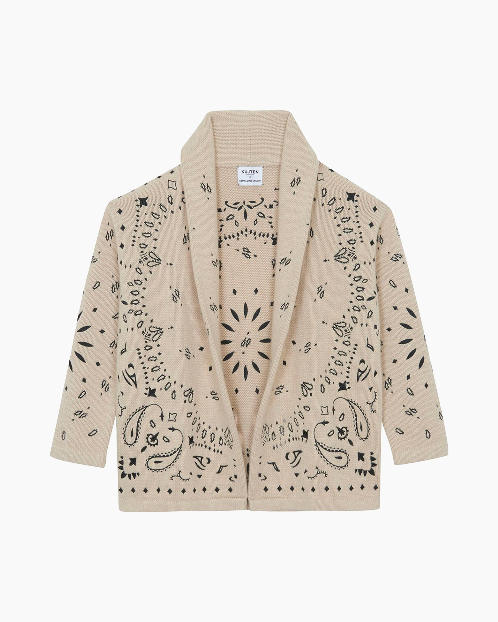 cardigan, knit, beige, bandana print, open front