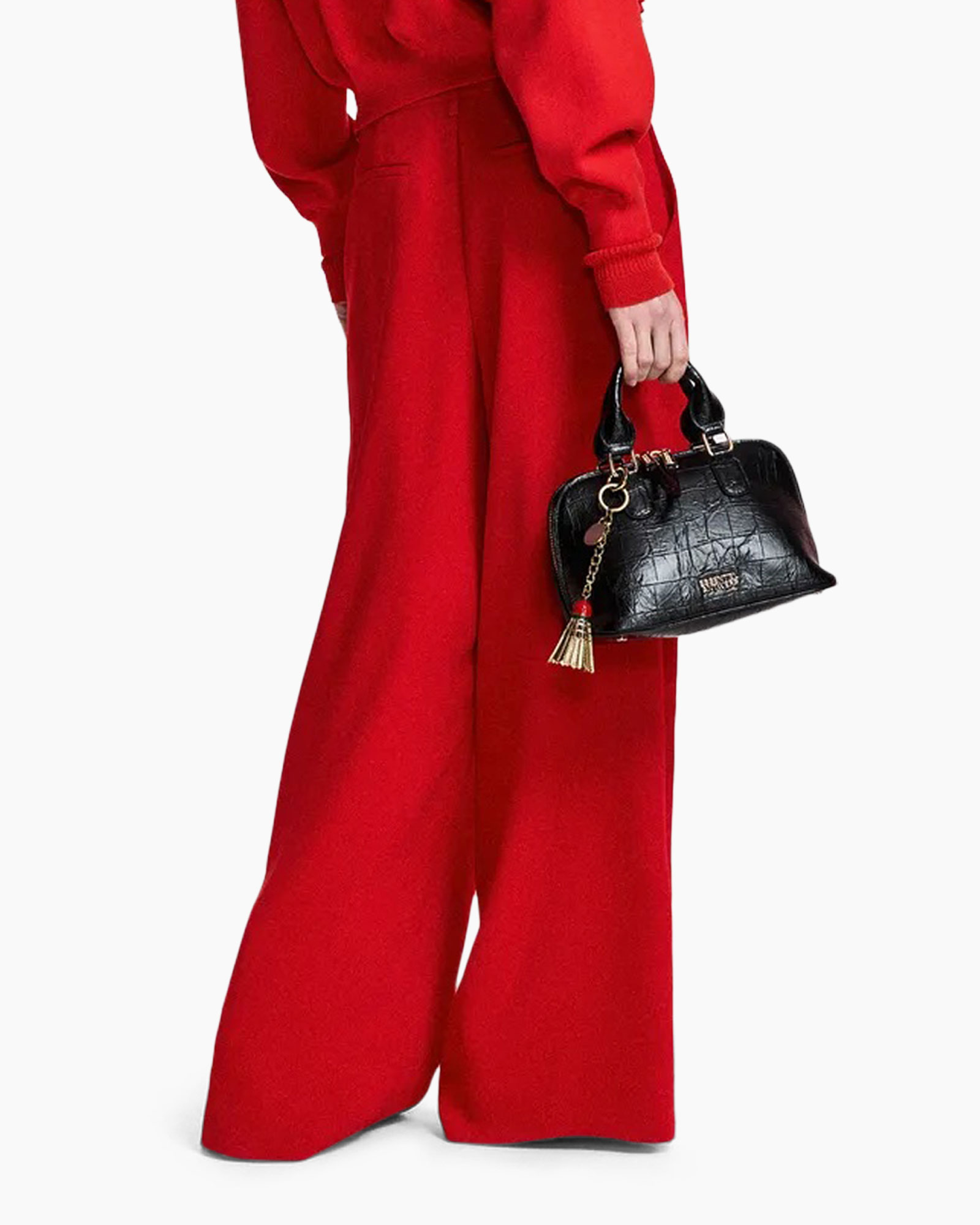 red trousers, wide-leg, high-waist, pull-on, flared
