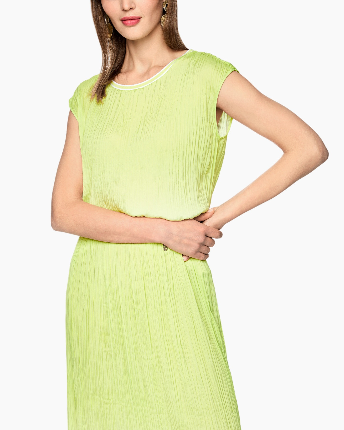 dress, green, pleated, midi, sleeveless