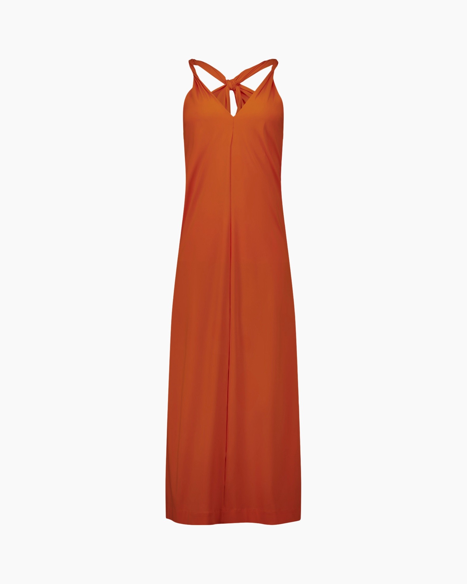 dress, maxi, orange, sleeveless, collarless? knot at back