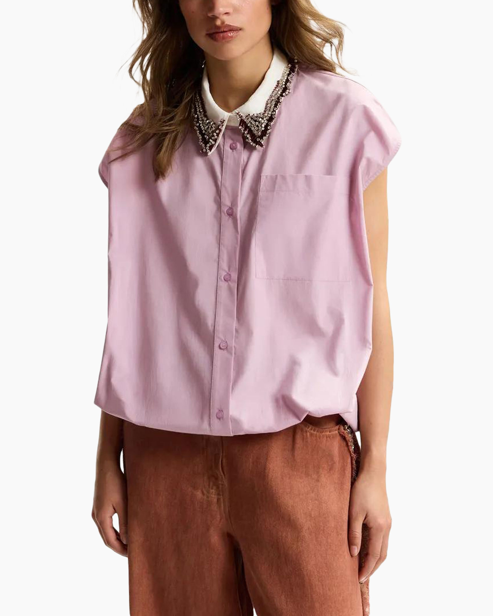 blouse, pink, collar, short-sleeve, pocket