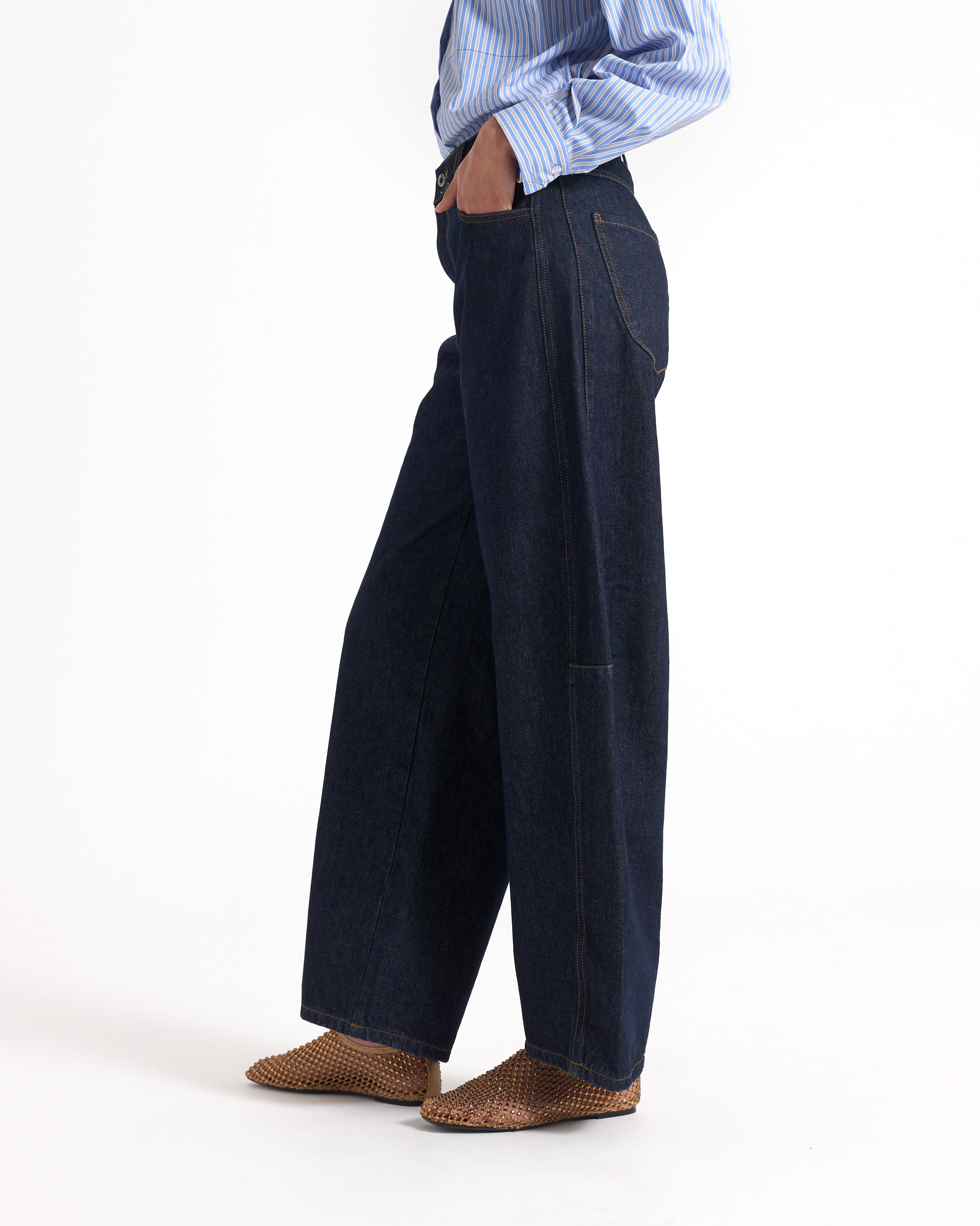 striped shirt, button-down, blue, polo, wide-leg jeans